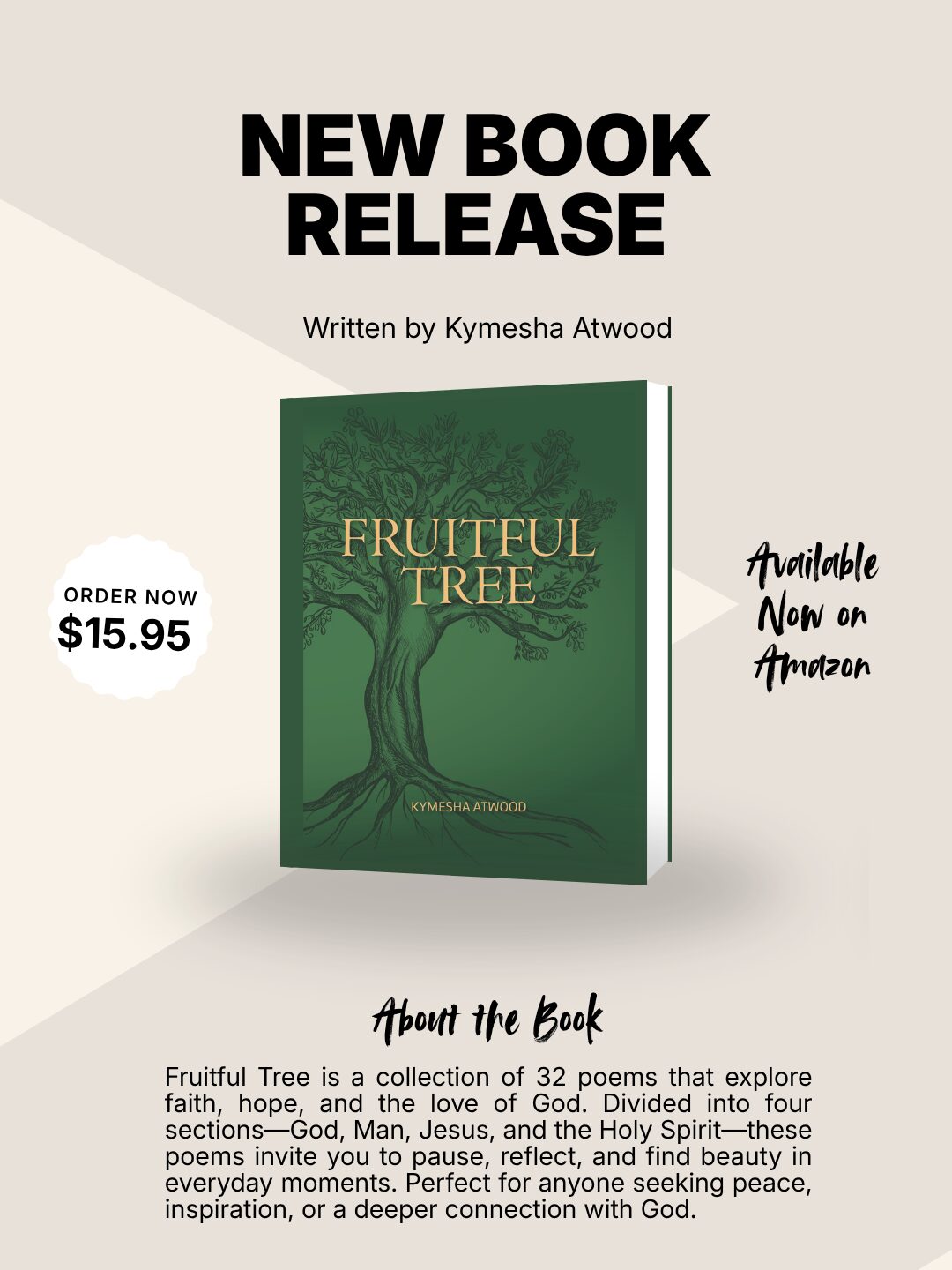 Book cover titled 'Fruitful Tree' with a green background and tree illustration, surrounded by promotional text and price.