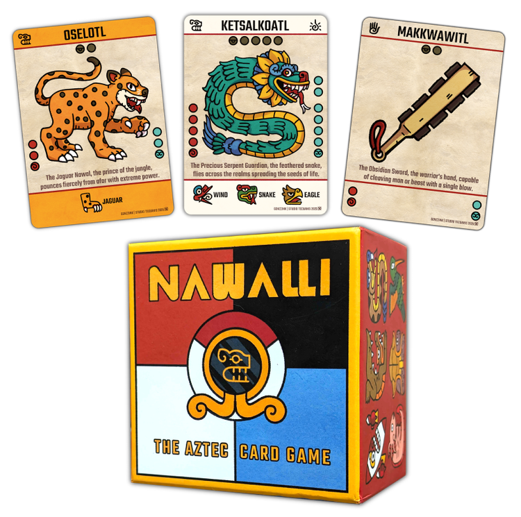 Three illustrated cards with animal names and descriptions, and a colorful box labeled 'NAWALLI' with a circular symbol.