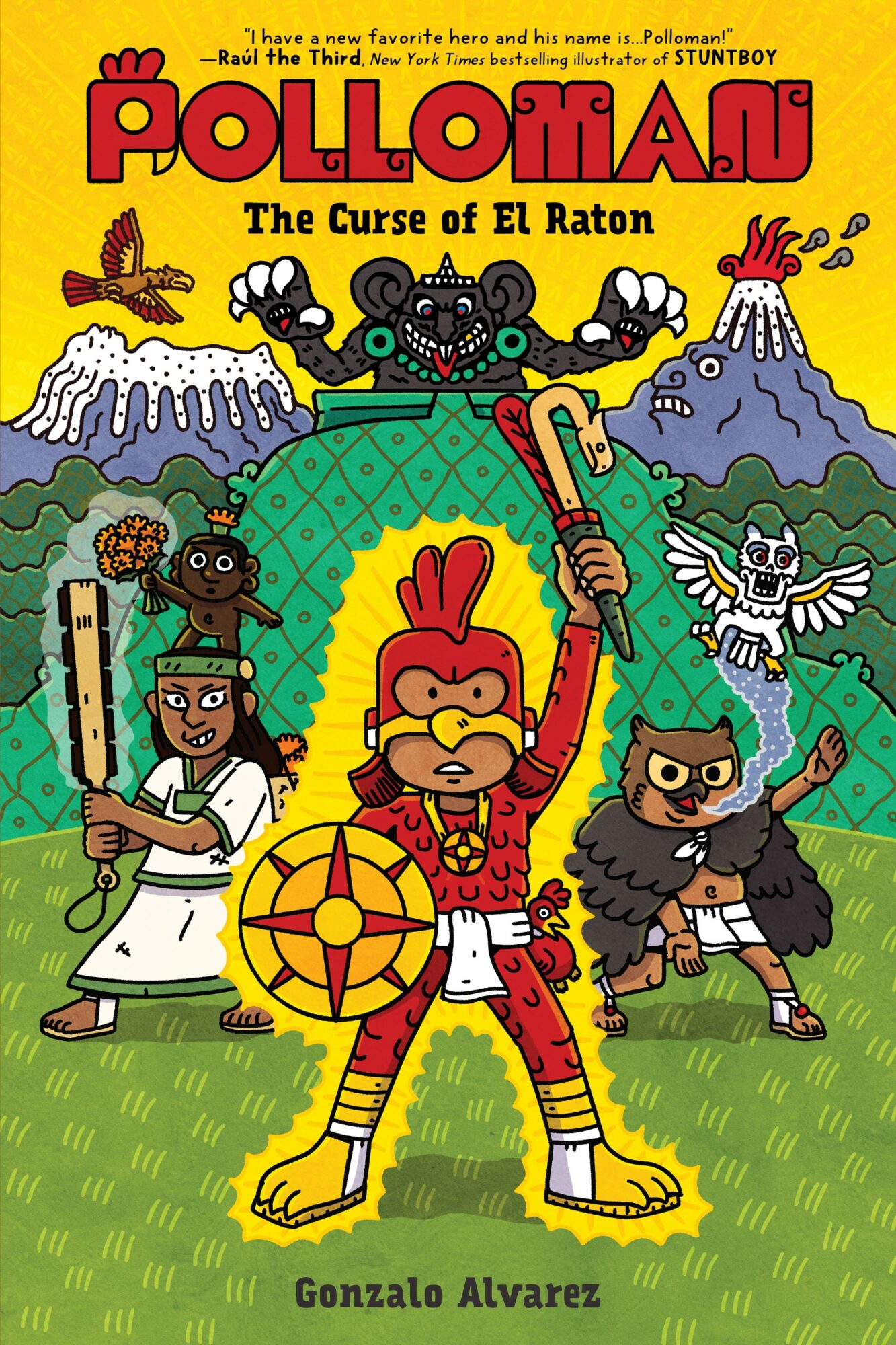 Colorful cartoon characters in front of mountains, including a central figure with a red headdress and shield, and others with weapons and animals.