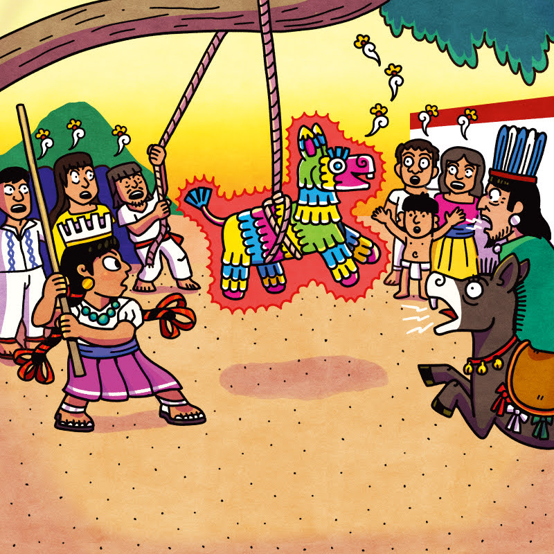 Children watch a colorful piñata hanging from a tree, with a person dressed as a mouse nearby, in a festive scene.