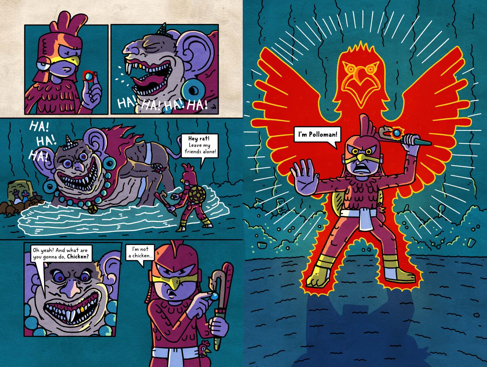 Comic panel with a purple character in a superhero costume, holding a sword, standing in front of a fiery bird figure. Text includes 'I'm Pallasquark!' and speech bubbles with 'Haha!', 'Hey! Ah!', and 'You got it! And what are you doing?'.