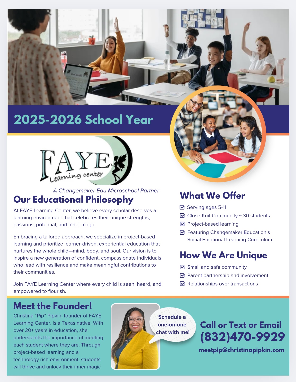 Classroom with students raising hands, teacher at front, and a circular inset of students working together, with text about school year and educational offerings.