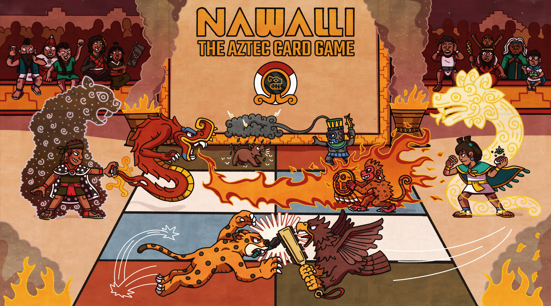 Illustration of a game scene with characters, animals, and mythical creatures in a fiery setting, with a central game board.