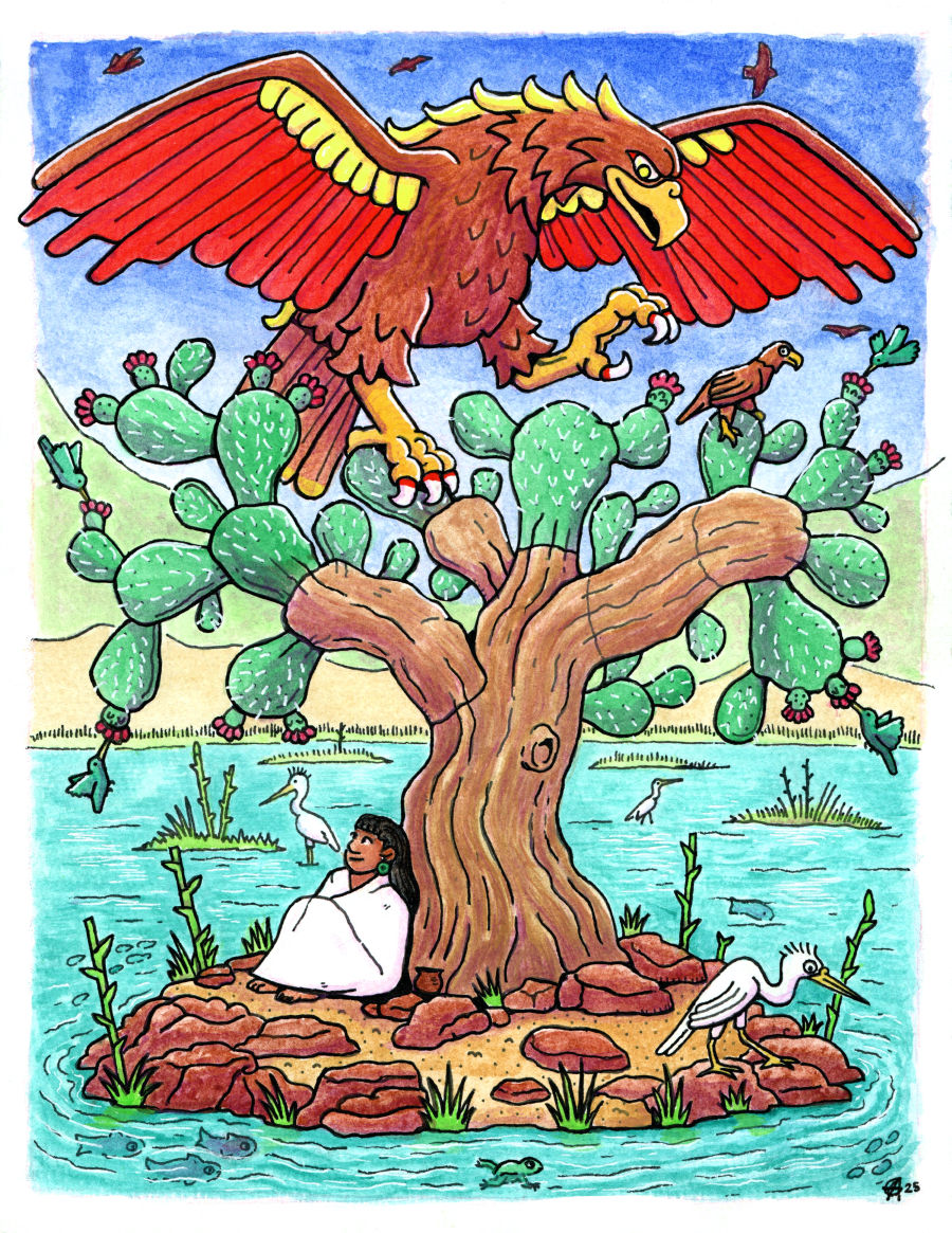 A large red and yellow bird with outstretched wings perched on a tree, with a person sitting beneath, surrounded by water and plants.