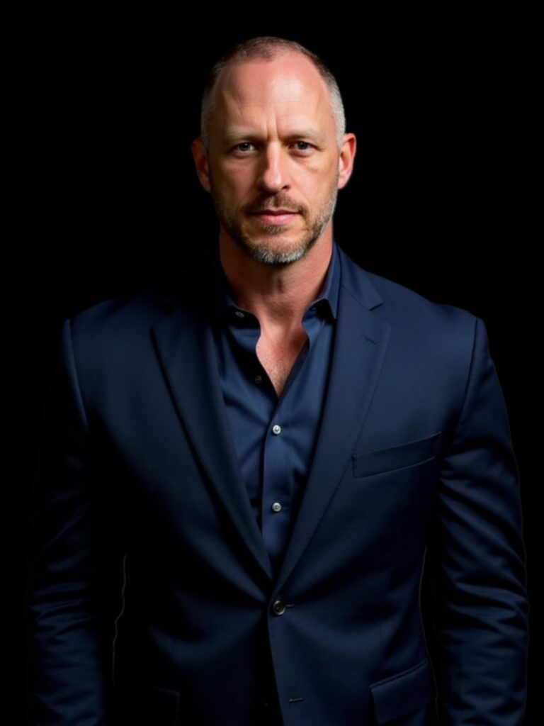 Man with short hair and beard wearing a dark blue suit and shirt, looking at the camera against a black background.