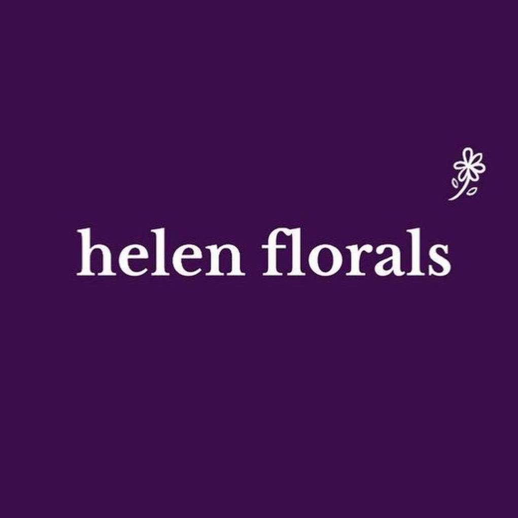 Text reads 'helen florals' on a purple background with a small flower icon, 15 words, confidence 0.95
