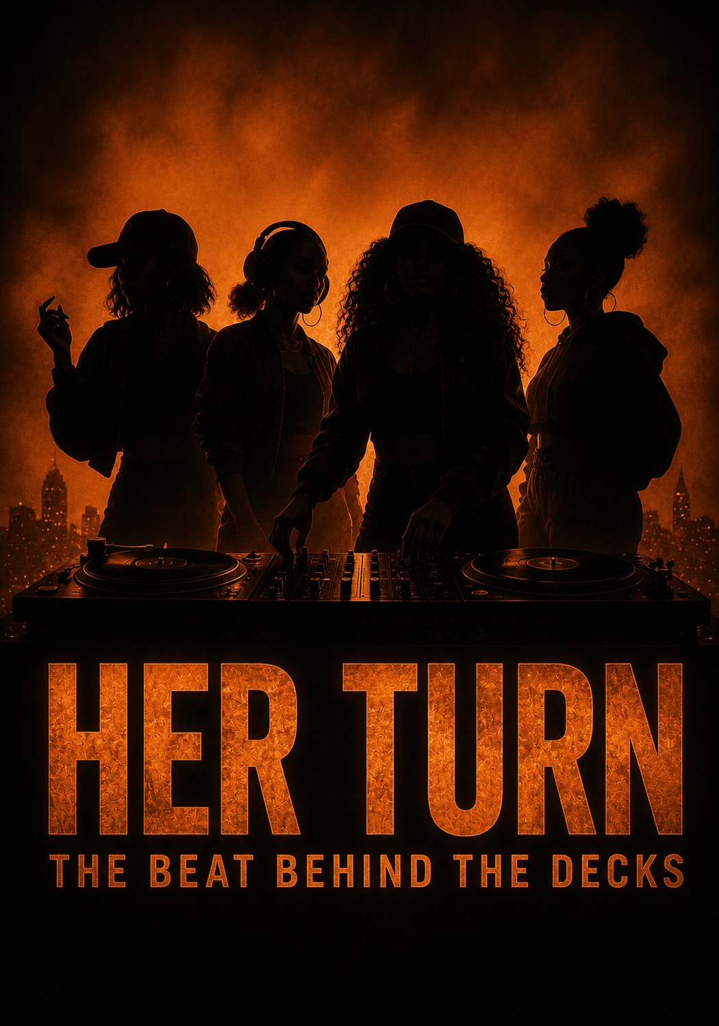 Four people with hats and curly hair stand behind a DJ booth with a fiery background, promoting a music event.
