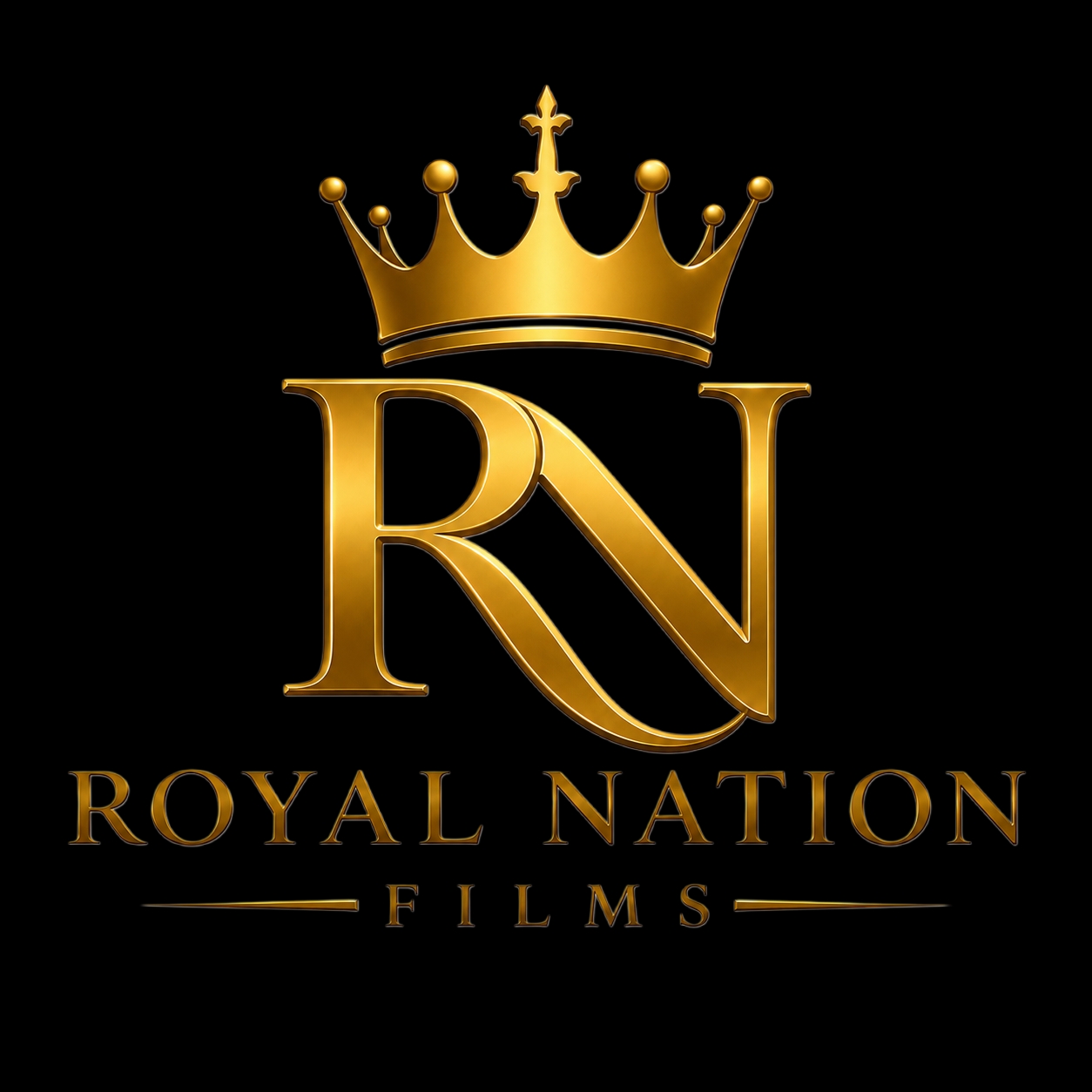 Gold crown above large gold letters 'RN' with 'Royal Nation Films' text below, on black background.