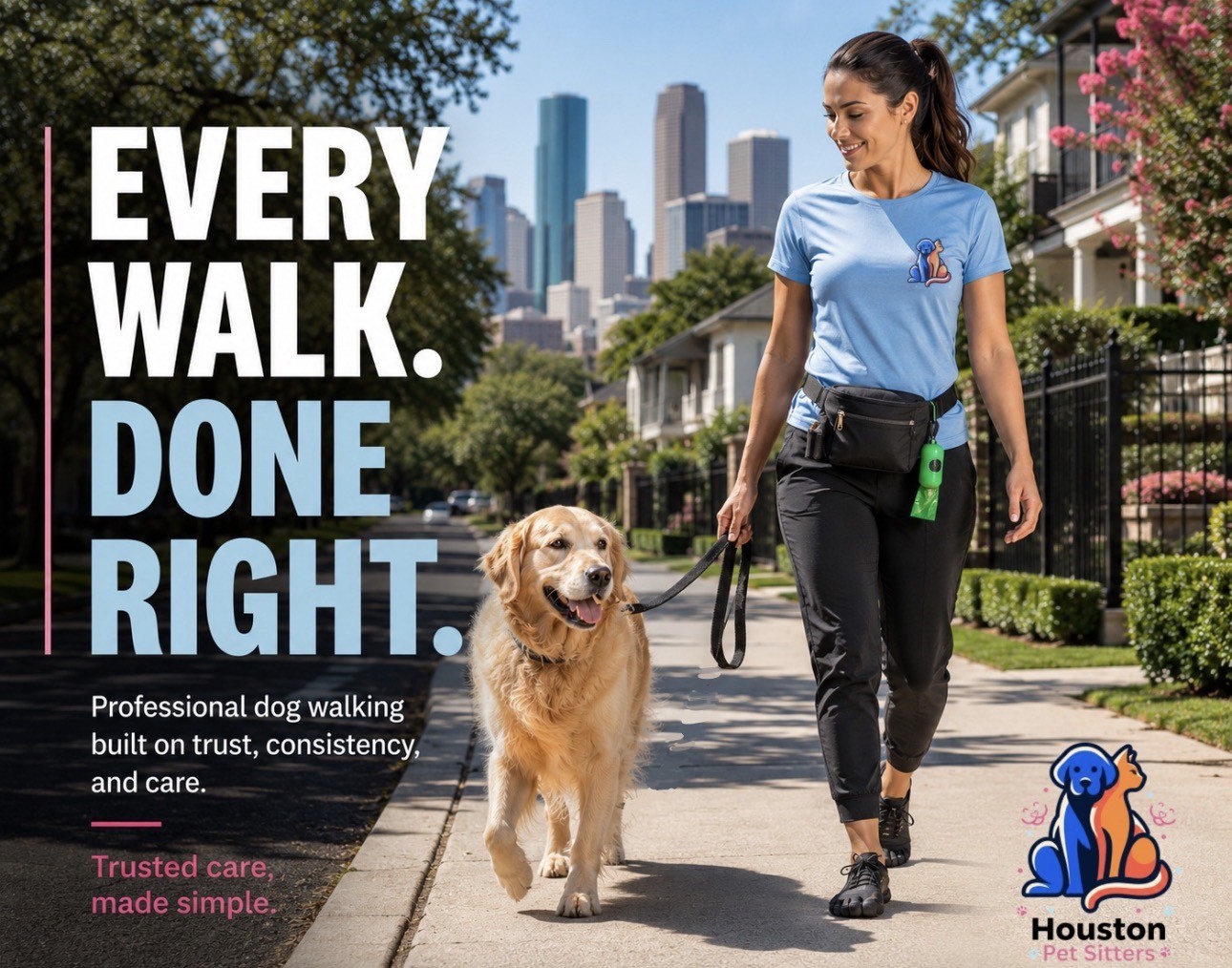 Woman walking a dog on a sidewalk with city buildings in the background, promoting professional dog walking services.