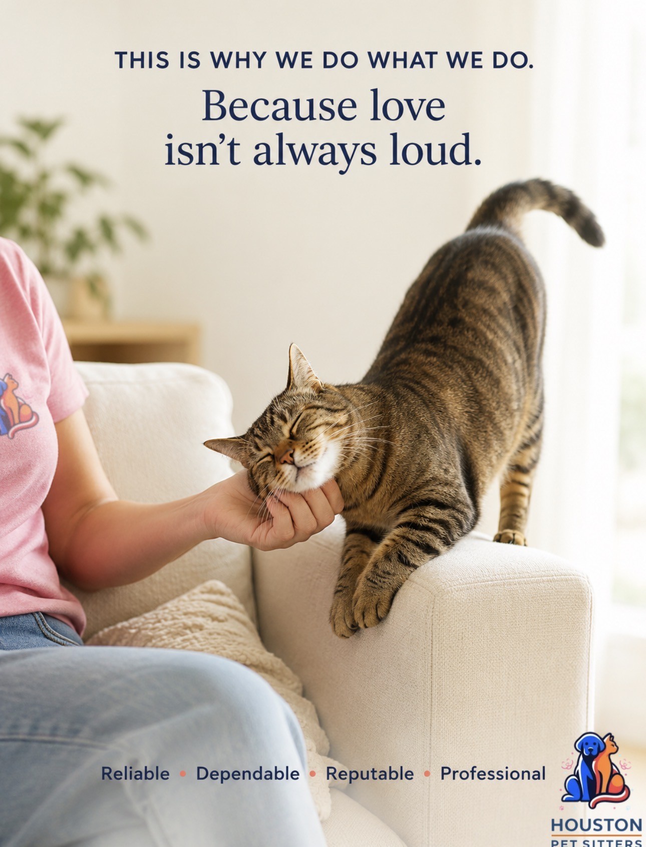Person petting a cat on a sofa with a quote about love and loudness above. The background is bright and cozy.