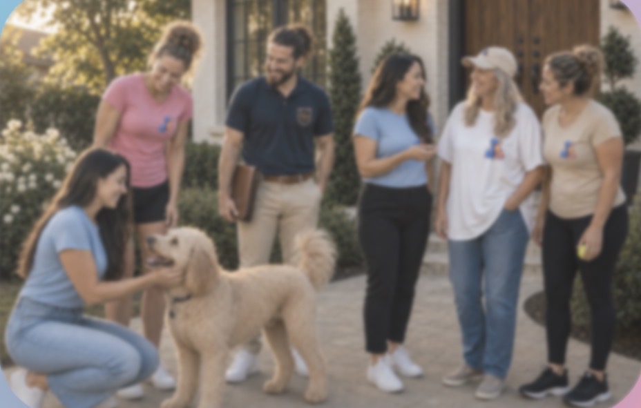 Group of six women and a man with a dog outside a building, some women petting the dog, sunlight filtering through trees.