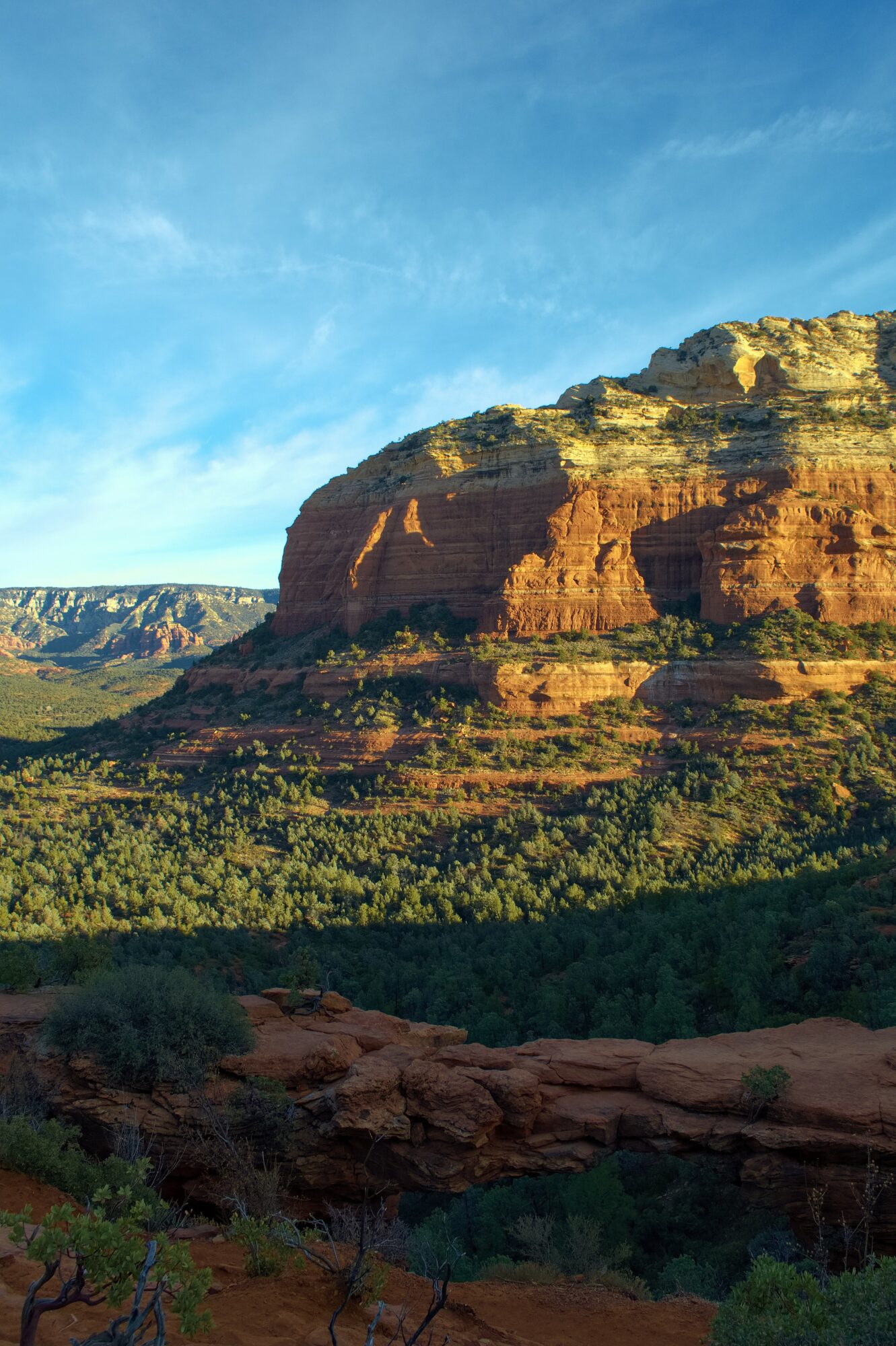 Cliffside landscape with layered rock formations and a blue sky.