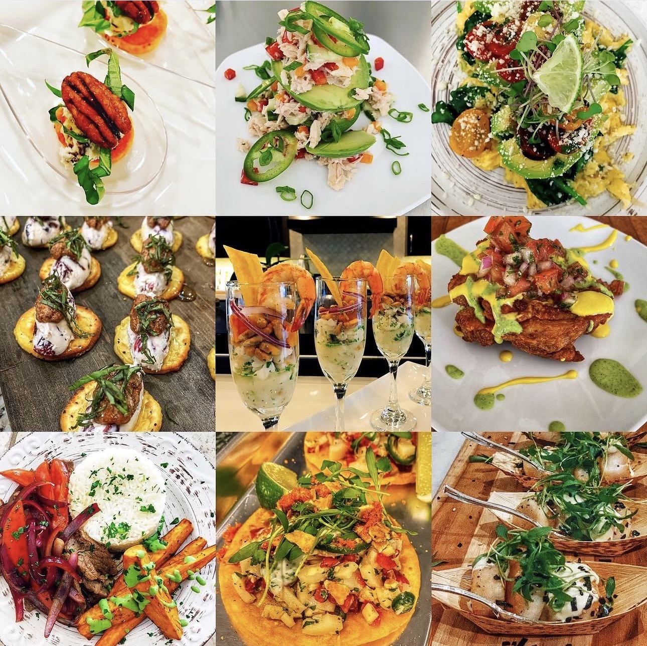 Assorted colorful dishes including salads, appetizers, and a pizza, displayed on various plates and glasses.