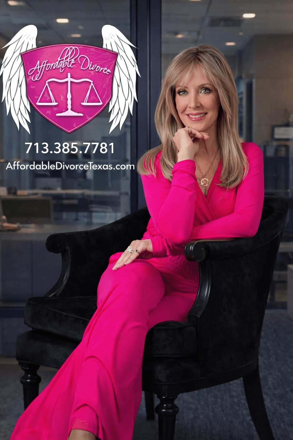 Woman with blonde hair in pink outfit sitting on a black chair, smiling, office background, logo with wings and scales, phone number, website.