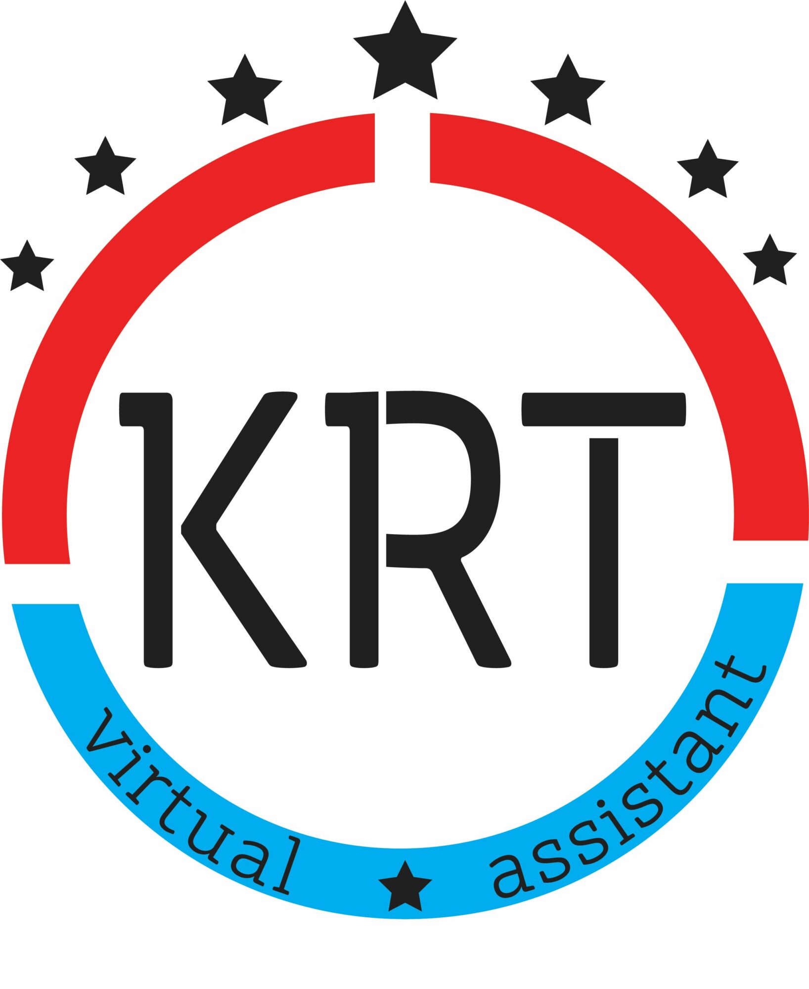 Logo with a red and blue semicircular design, black text 'KRT', and blue text 'Virtual assistant' with stars.