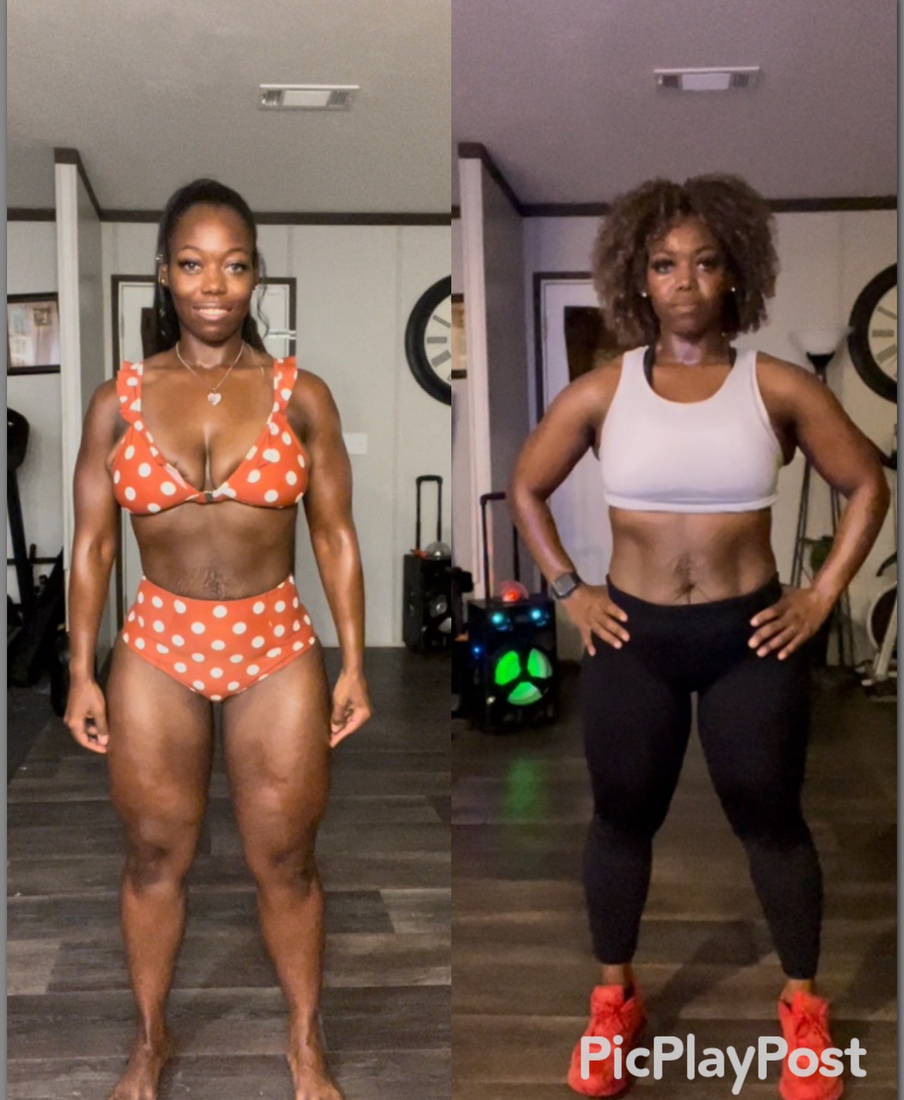 Side-by-side photos of a woman before and after fitness transformation, wearing different workout outfits, standing in a room with a dartboard and speaker.