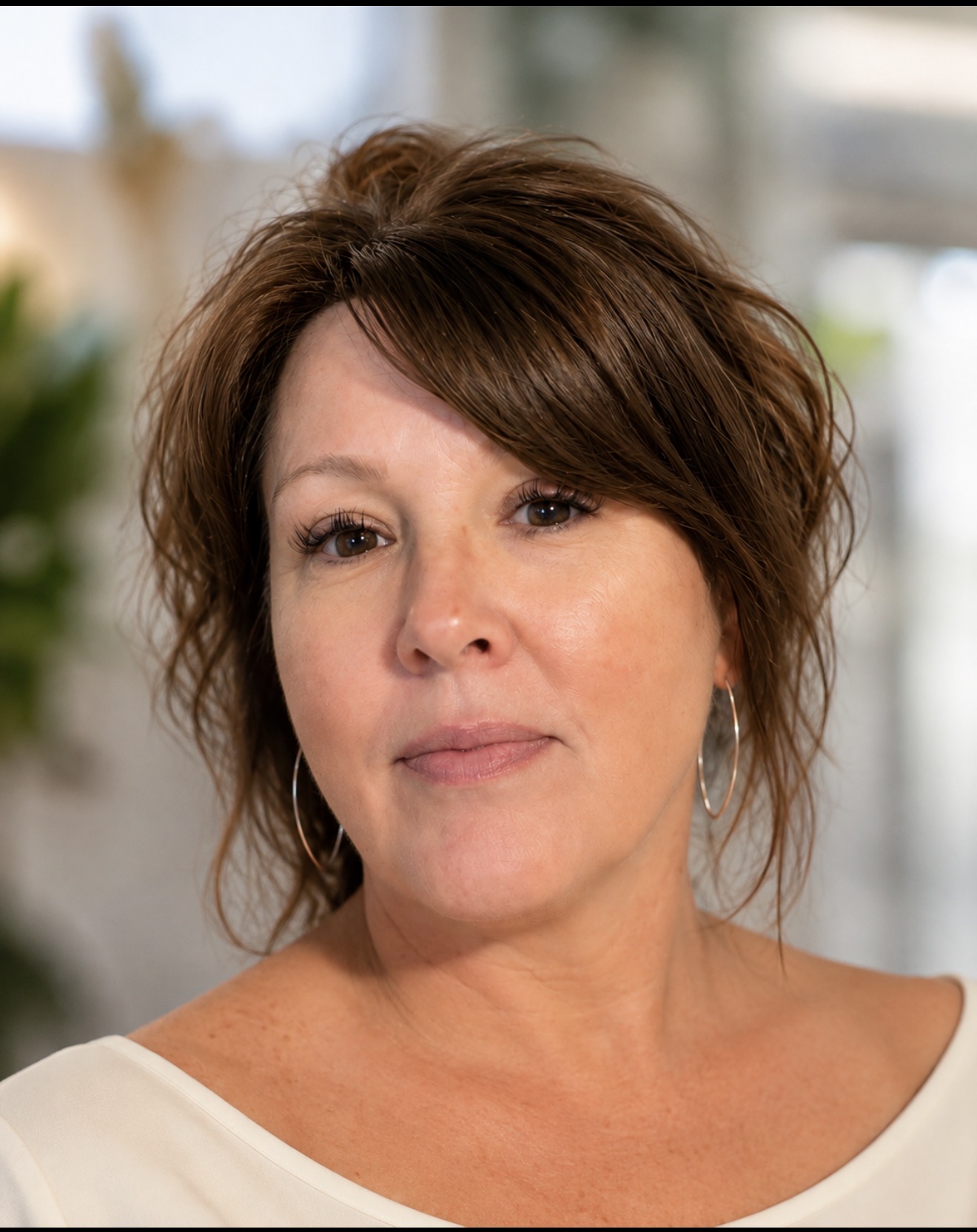 Woman with short brown hair and hoop earrings looks to the side in a bright indoor setting.