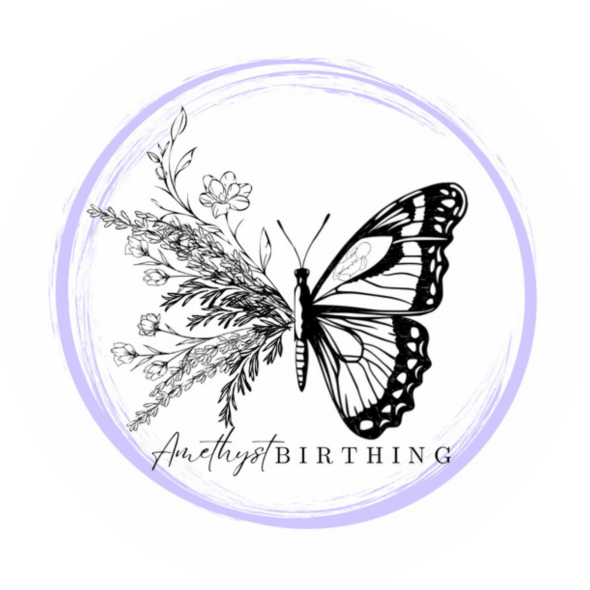 A butterfly with floral wings inside a circular border, with the text 'Amethyst Birthing' below, on a white background.