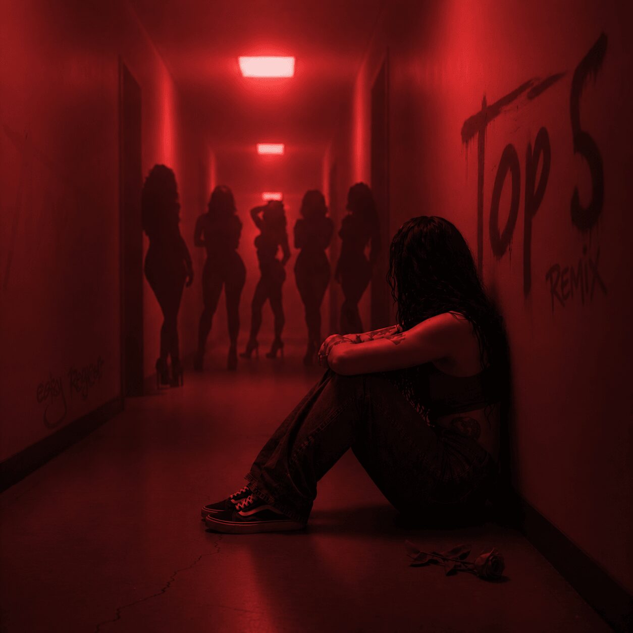 Person sitting on the floor in a dimly lit red corridor with silhouettes of women in the background, graffiti on the wall.