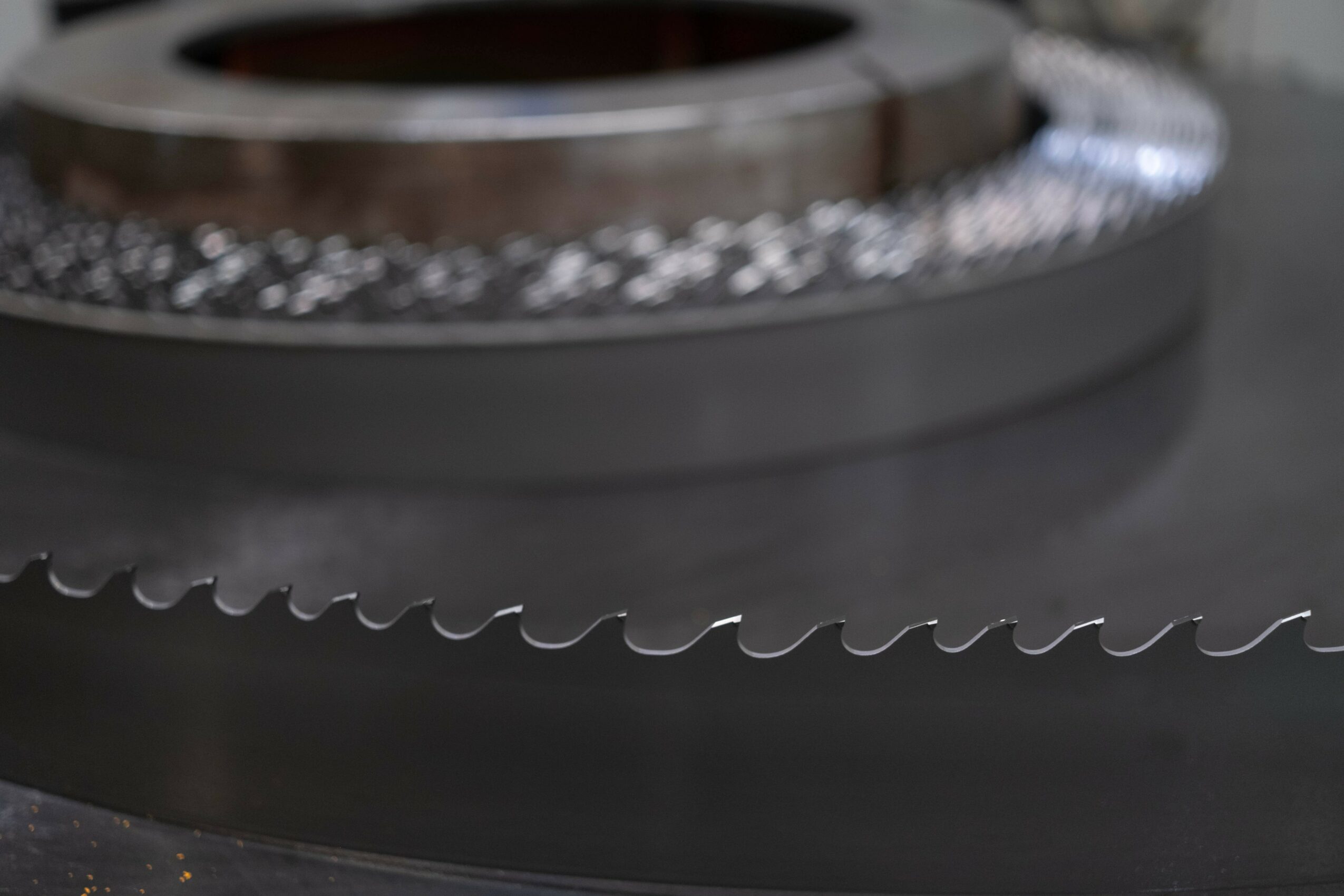 Close-up of a circular saw blade with sharp teeth, partially visible, with a blurred background.