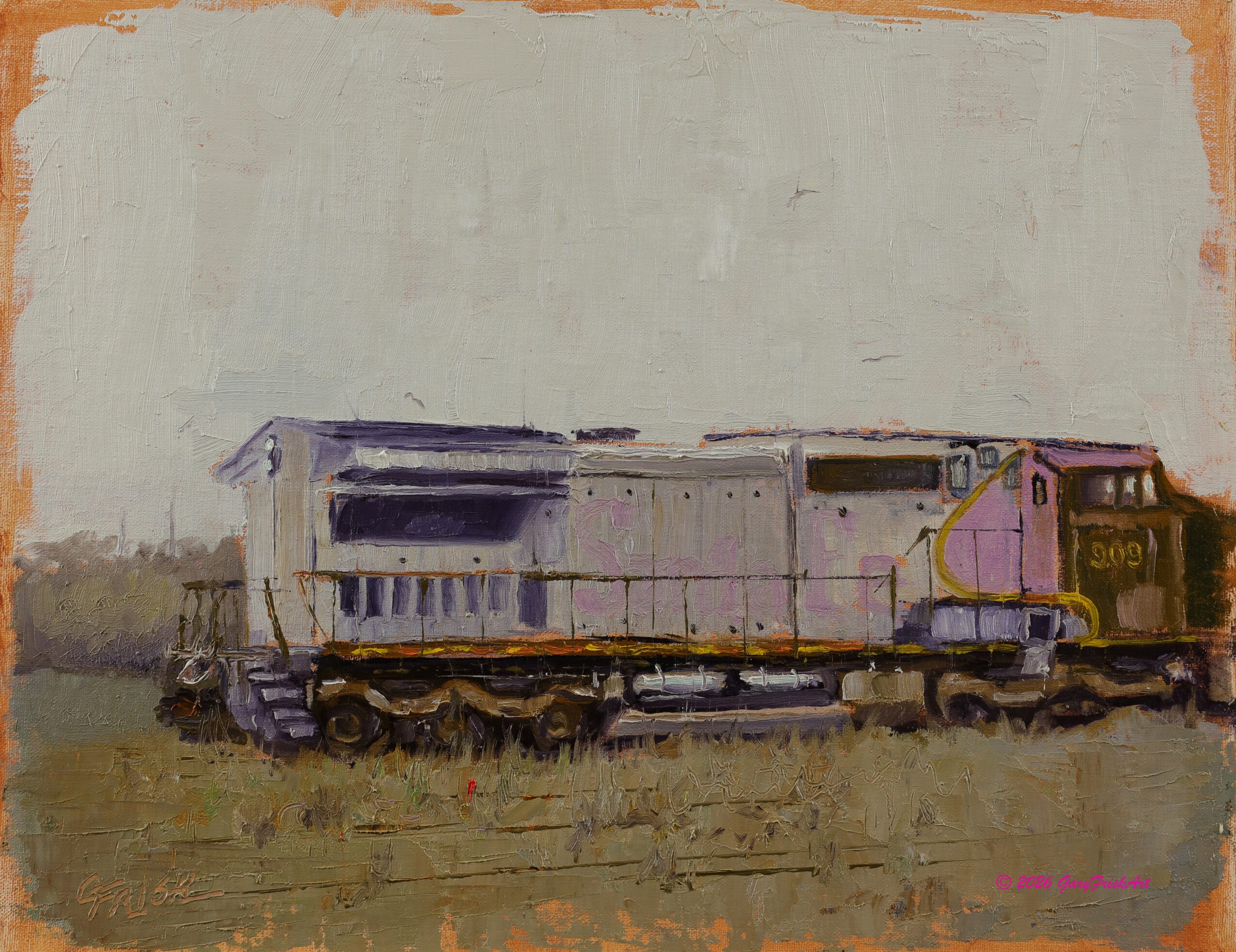 A painted train locomotive on tracks with a plain sky background, in a realistic style.