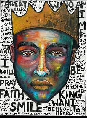 Portrait of a person with multicolored face paint, wearing a crown, surrounded by handwritten words and phrases.