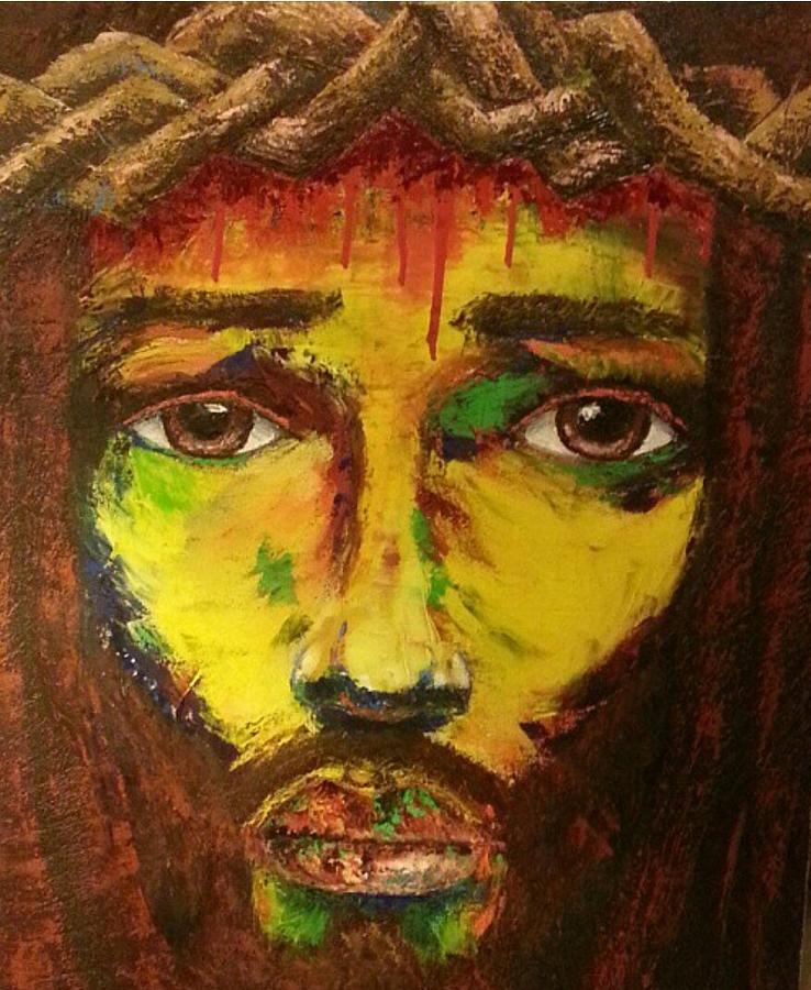 Portrait of a person with expressive eyes, painted with vibrant yellow, green, and red colors, and dark hair.