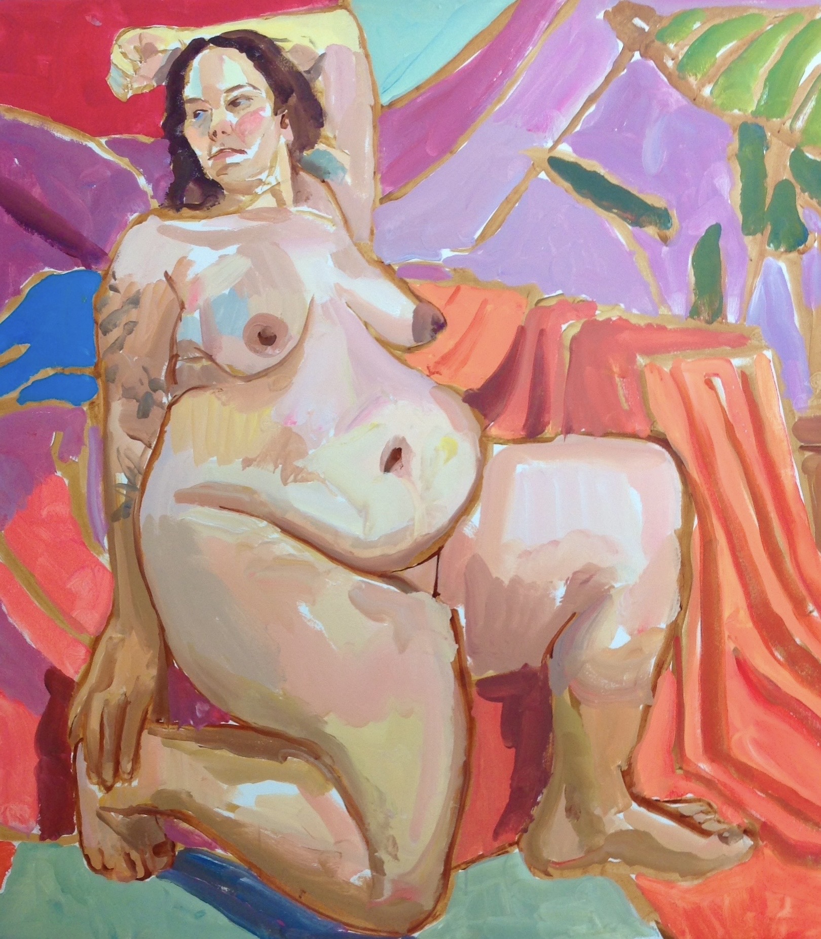 Nude woman with dark hair reclining on colorful cushions and fabric, with plants in background, in a vibrant painting style.