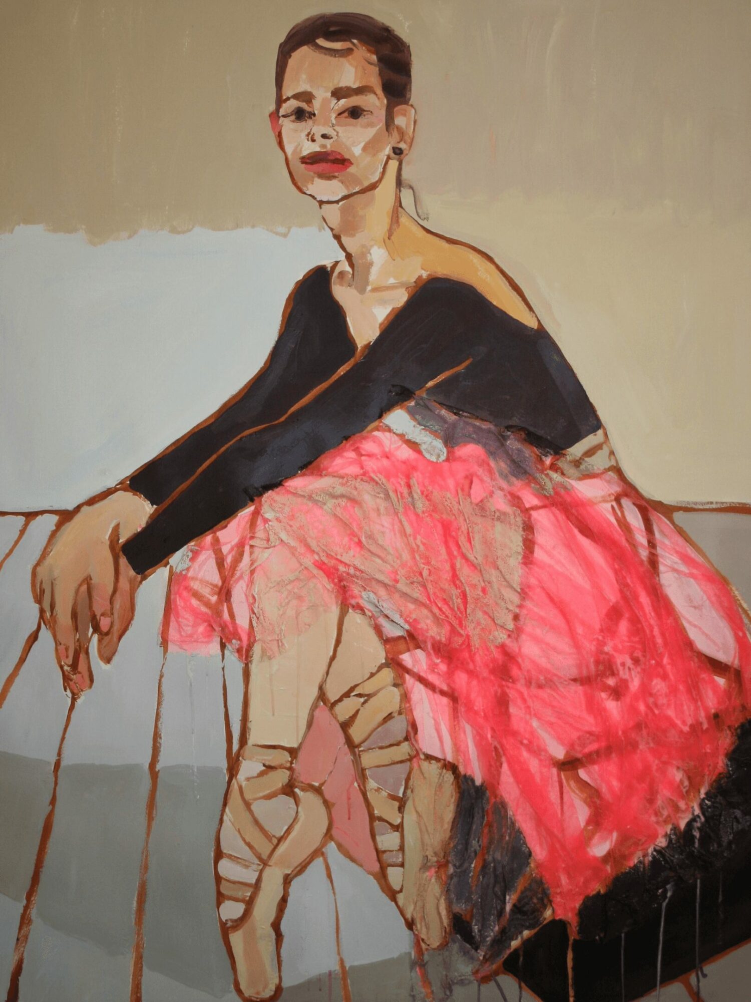 Painting of a woman sitting with a black top and pink skirt, holding a stick, against a neutral background.
