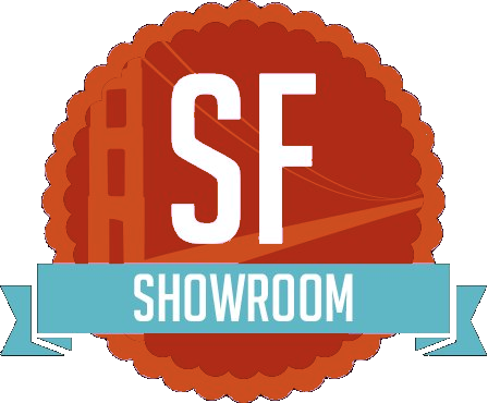 Circular badge with 'SF' and 'SHOWROOM' text, featuring a bridge silhouette, on a black background.