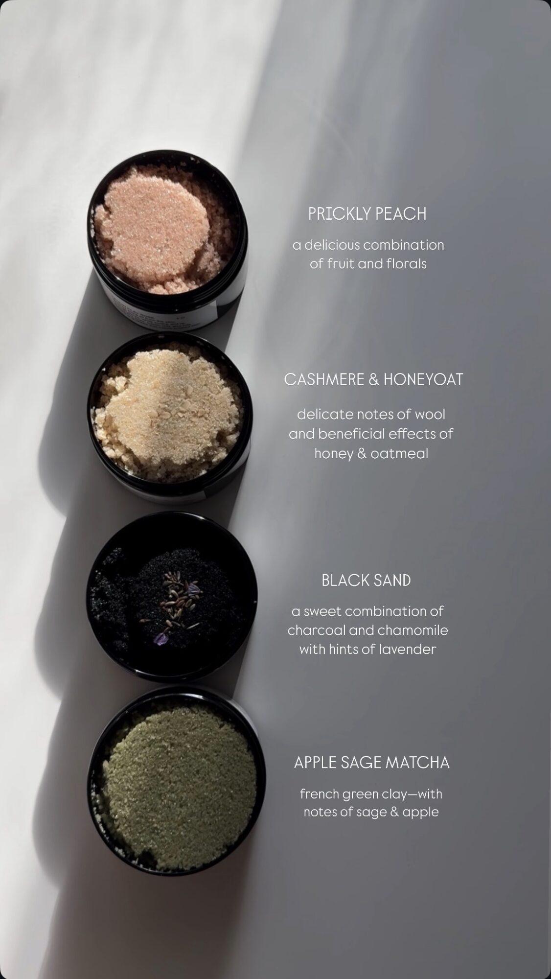 Four containers of makeup products labeled Peachy Peach, Cashmere & Honeycoat, Black Sand, and Apple Sage Matcha, with descriptions.