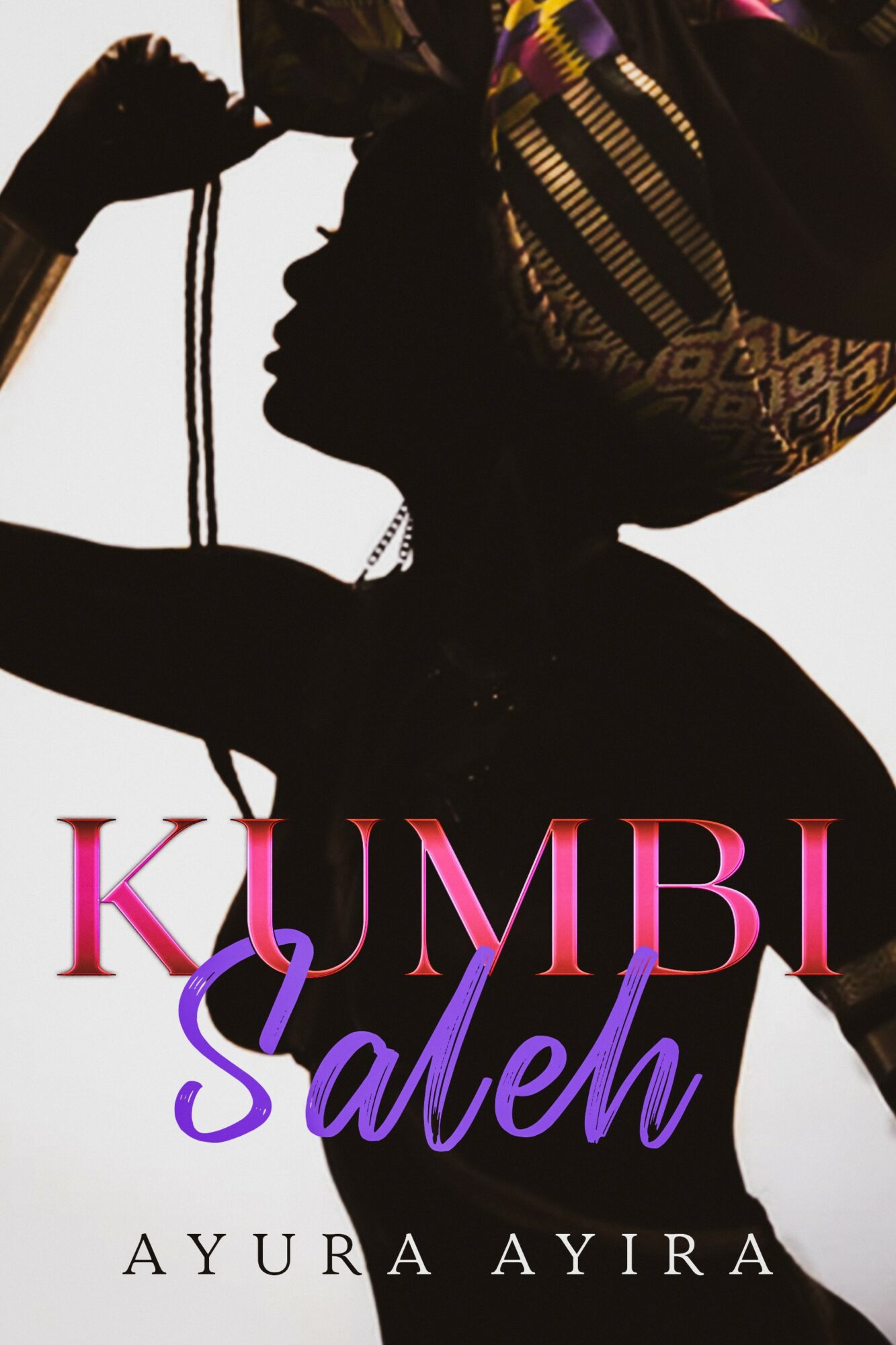 Silhouette of a woman with a headwrap, holding a telephone receiver to her ear, against a white background.