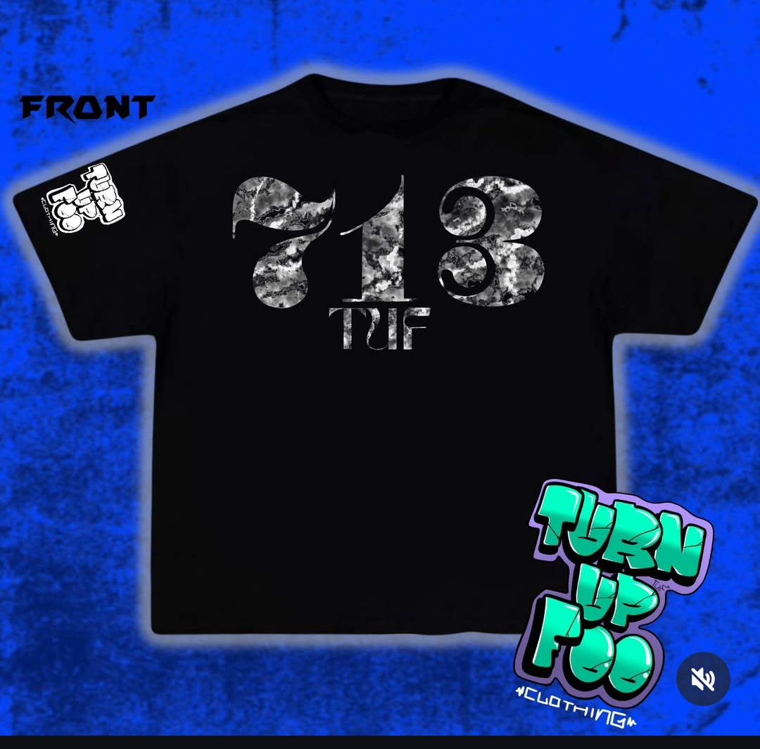 Black T-shirt with large gray numbers and text, and colorful