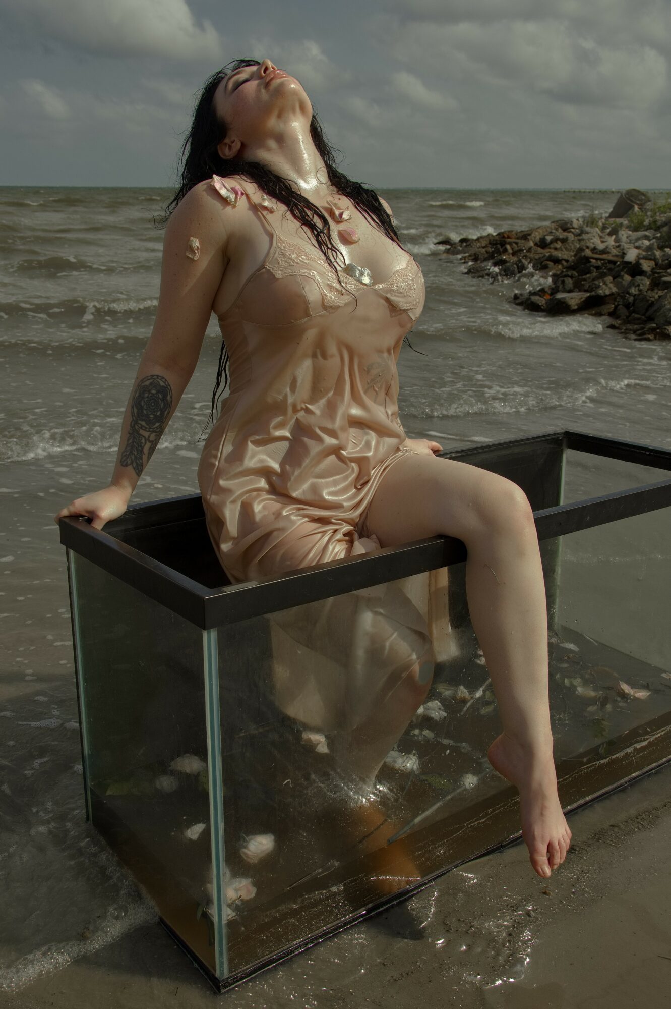 Woman in a wet dress sitting on a glass tank at the beach, with water and rocks visible in the background.