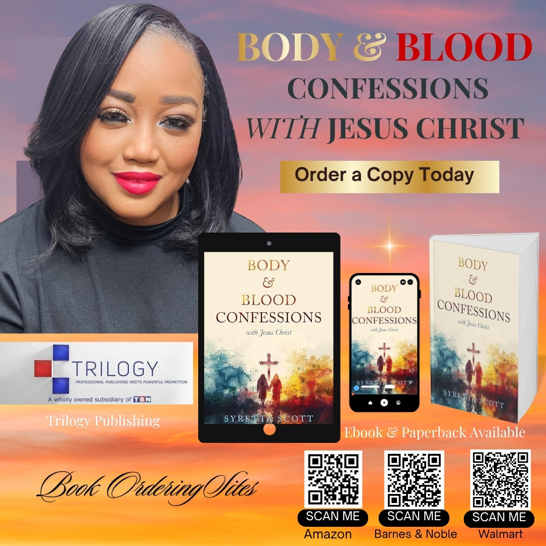 Woman with black hair and red lipstick, promotional image for a book titled 'Body & Blood Confessions with Jesus Christ,' showing ebook covers and QR codes.