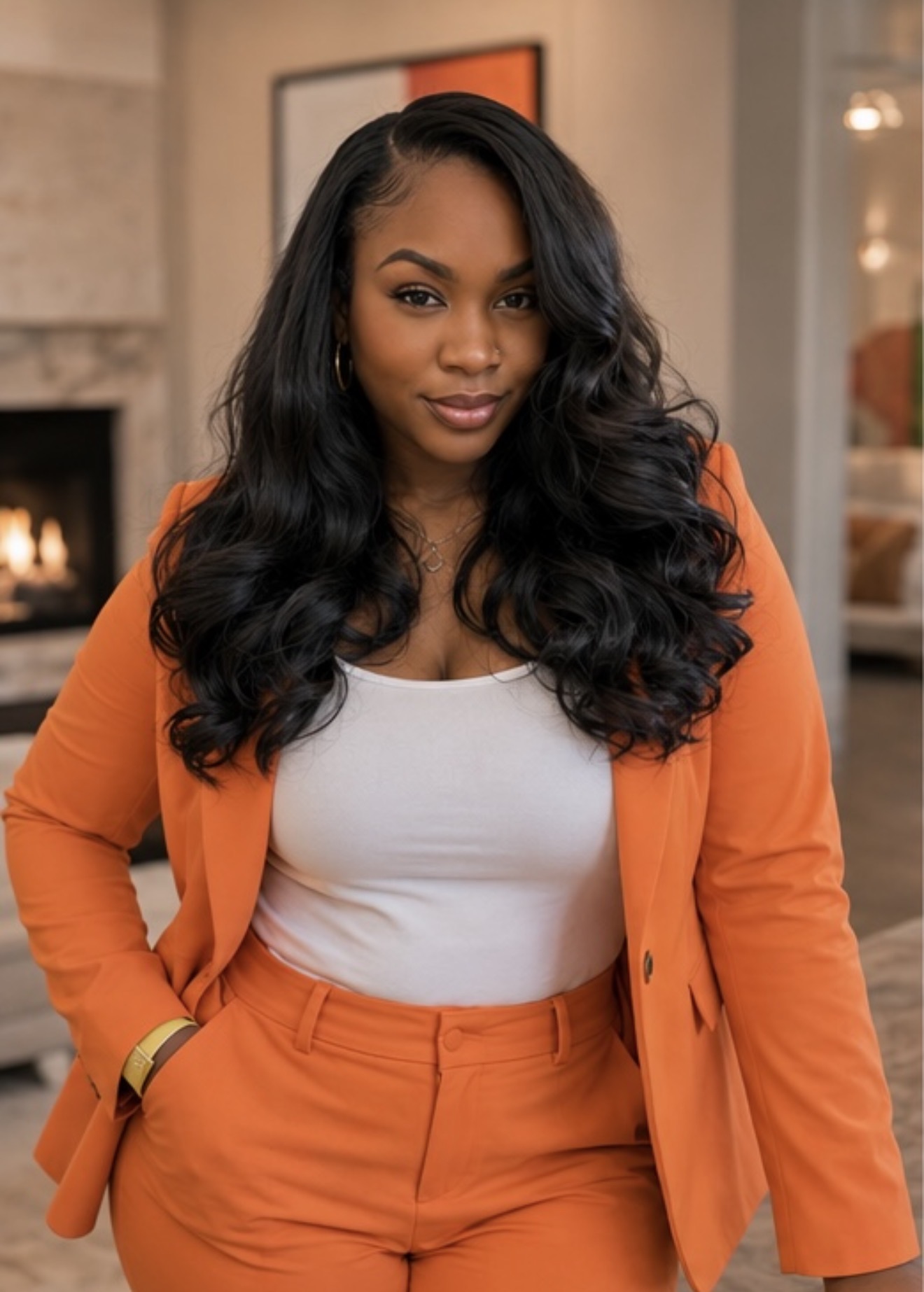 Woman with long, wavy black hair wearing an orange blazer and matching pants, standing indoors with a fireplace in the background.