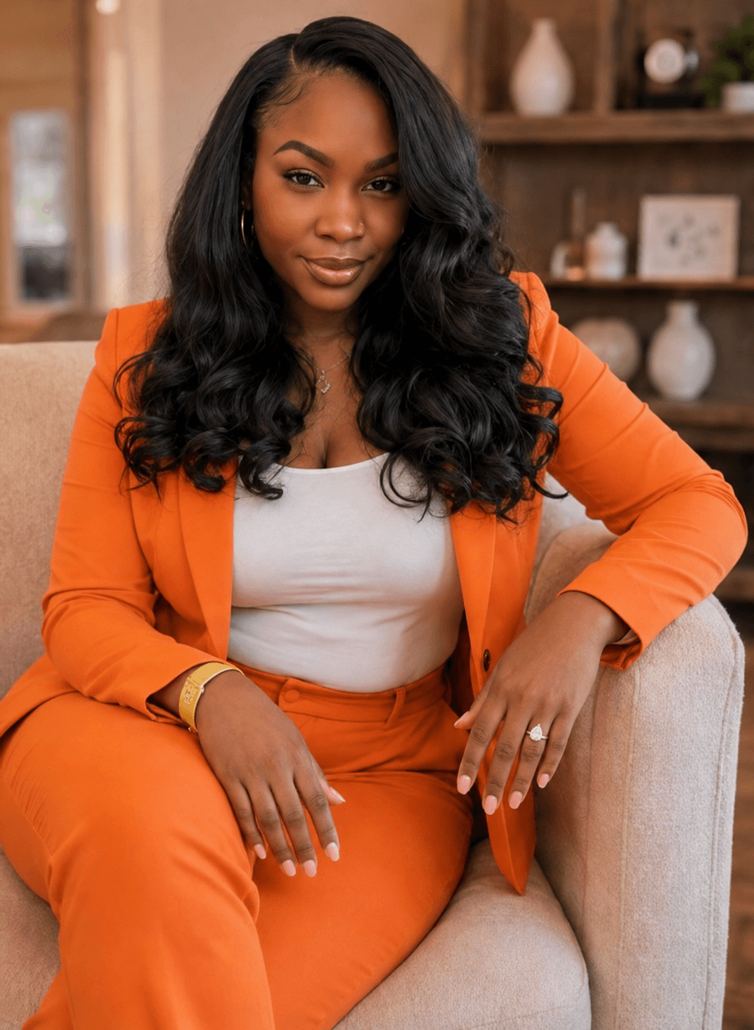 Woman with long wavy hair wearing an orange blazer and pants, sitting on a beige sofa in a cozy room.