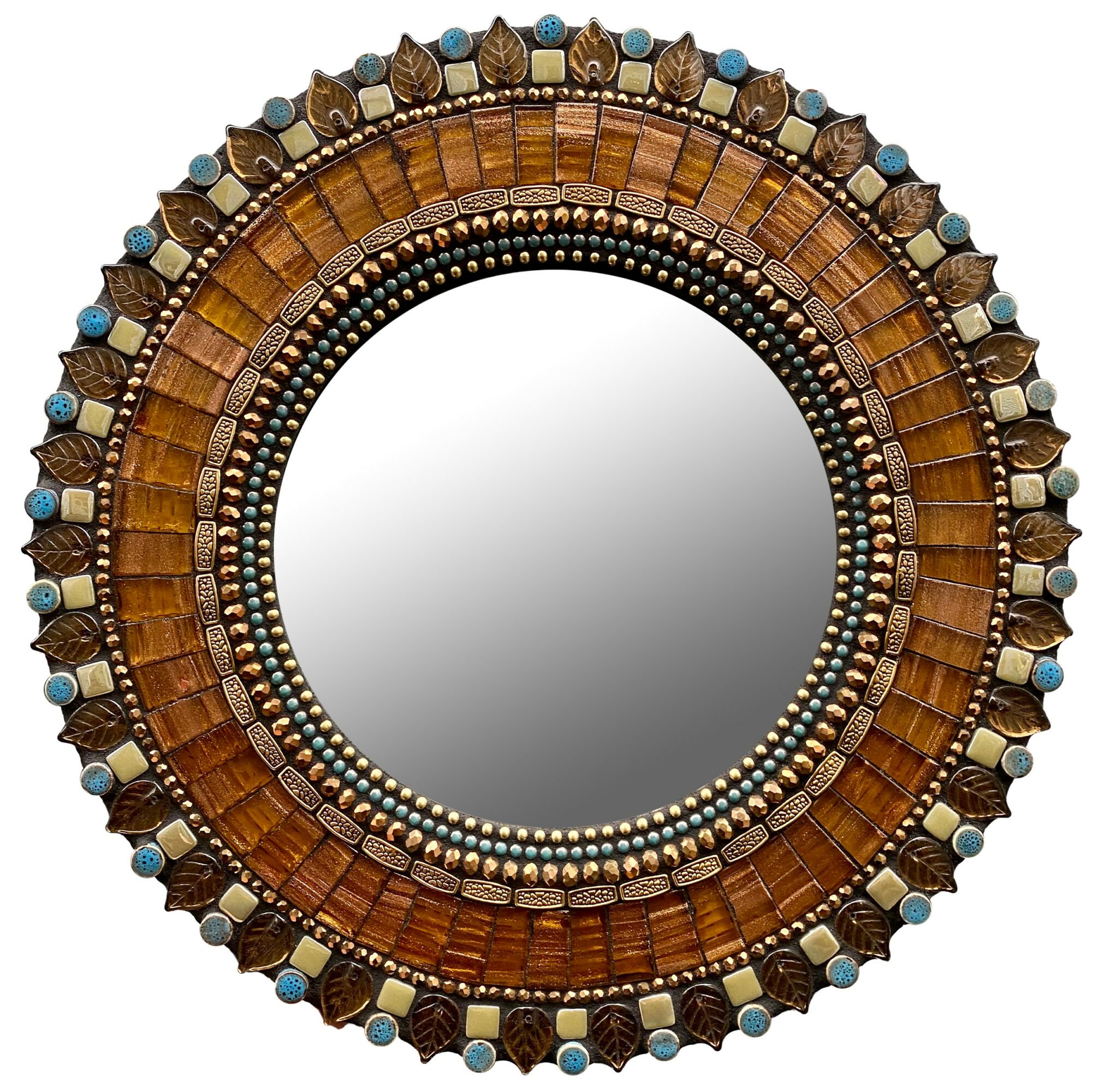 Decorative round mirror with a wooden and beaded frame, featuring blue accents, viewed from above.