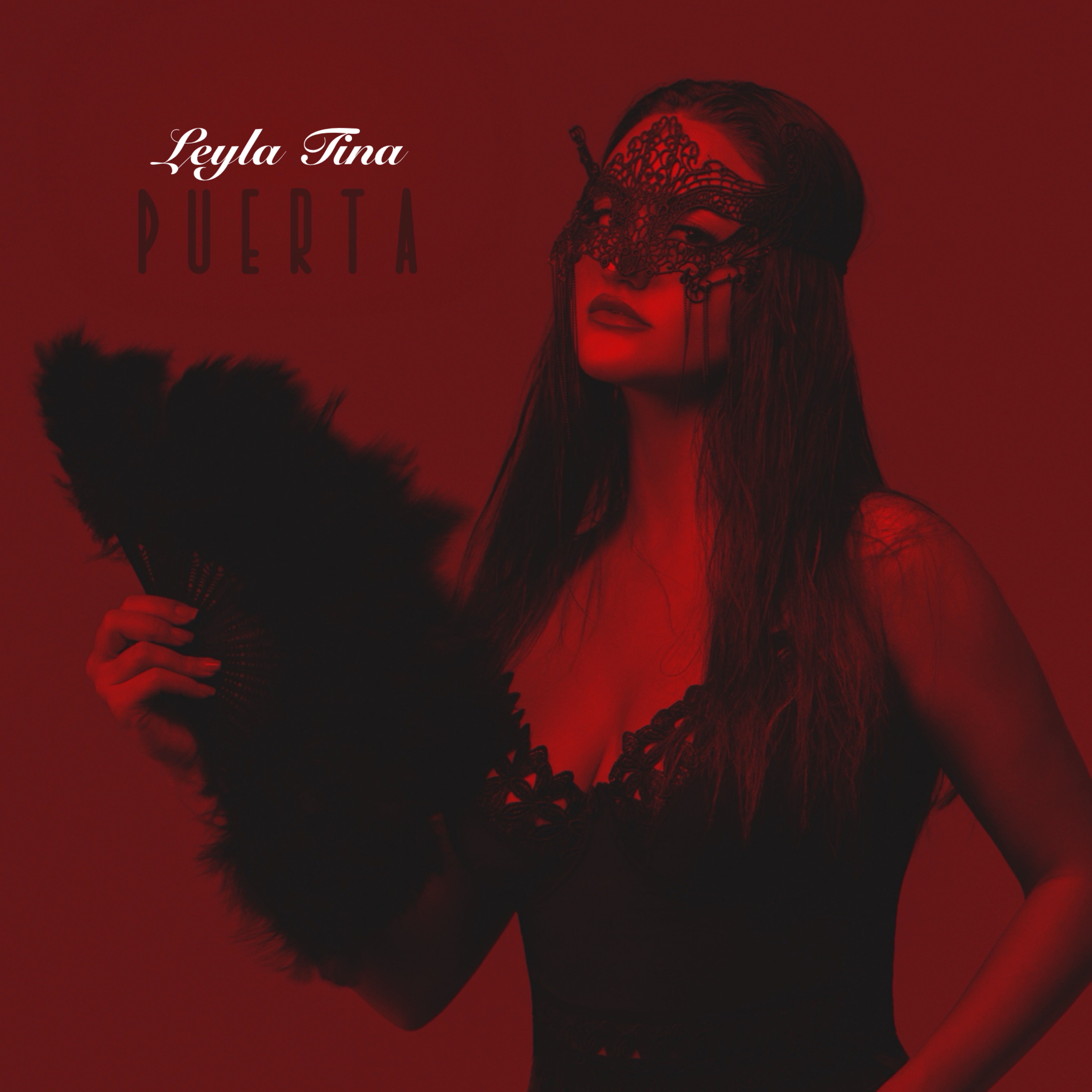 Woman with long hair wearing a lace mask and holding a feathered fan, against a red background.
