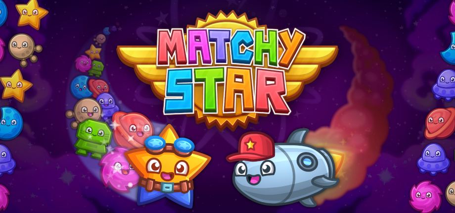Colorful game scene with cartoon characters and a spaceship, titled 'Matchy Star' in bright letters.