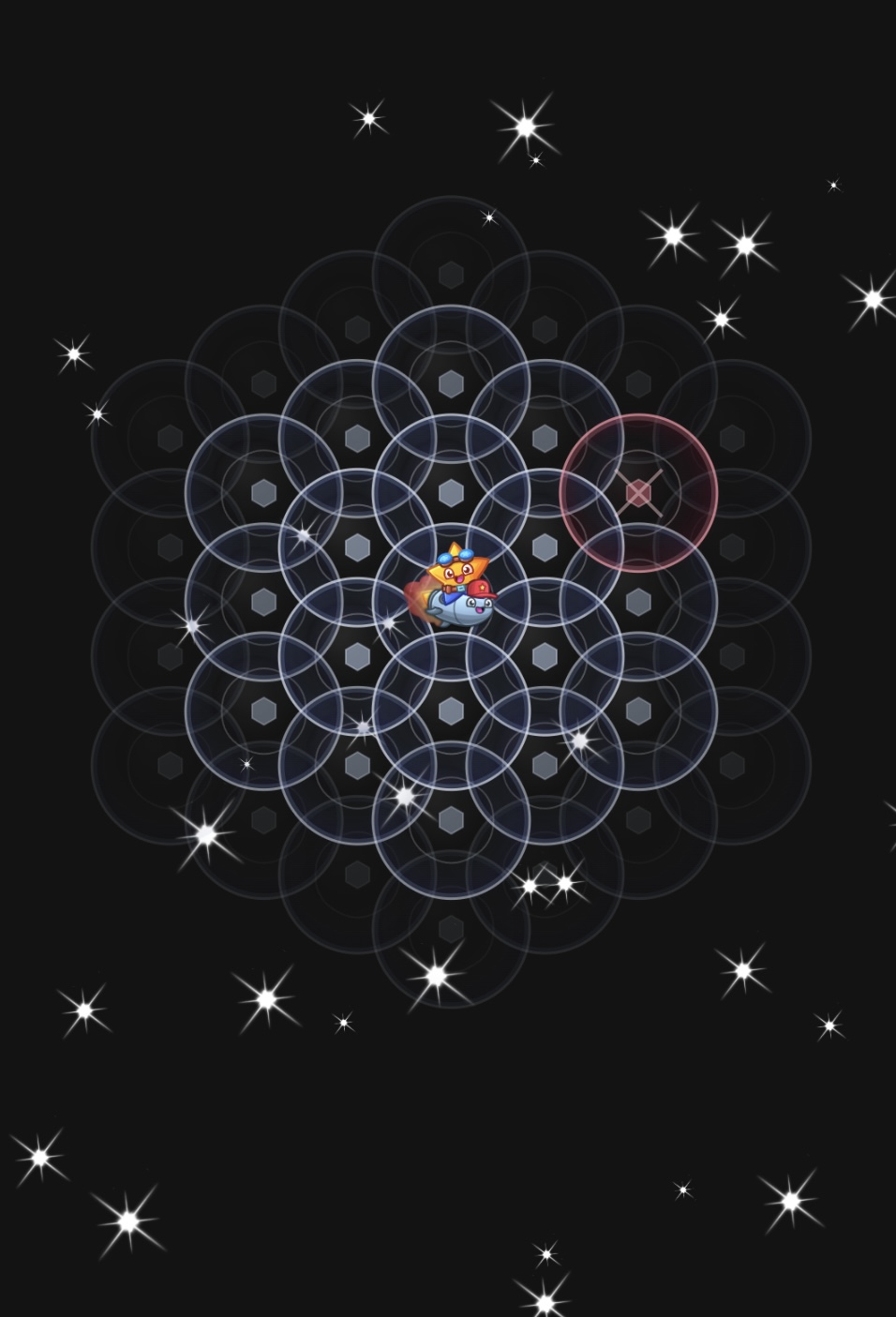 A small colorful object is surrounded by overlapping circles and star-like points on a black background.