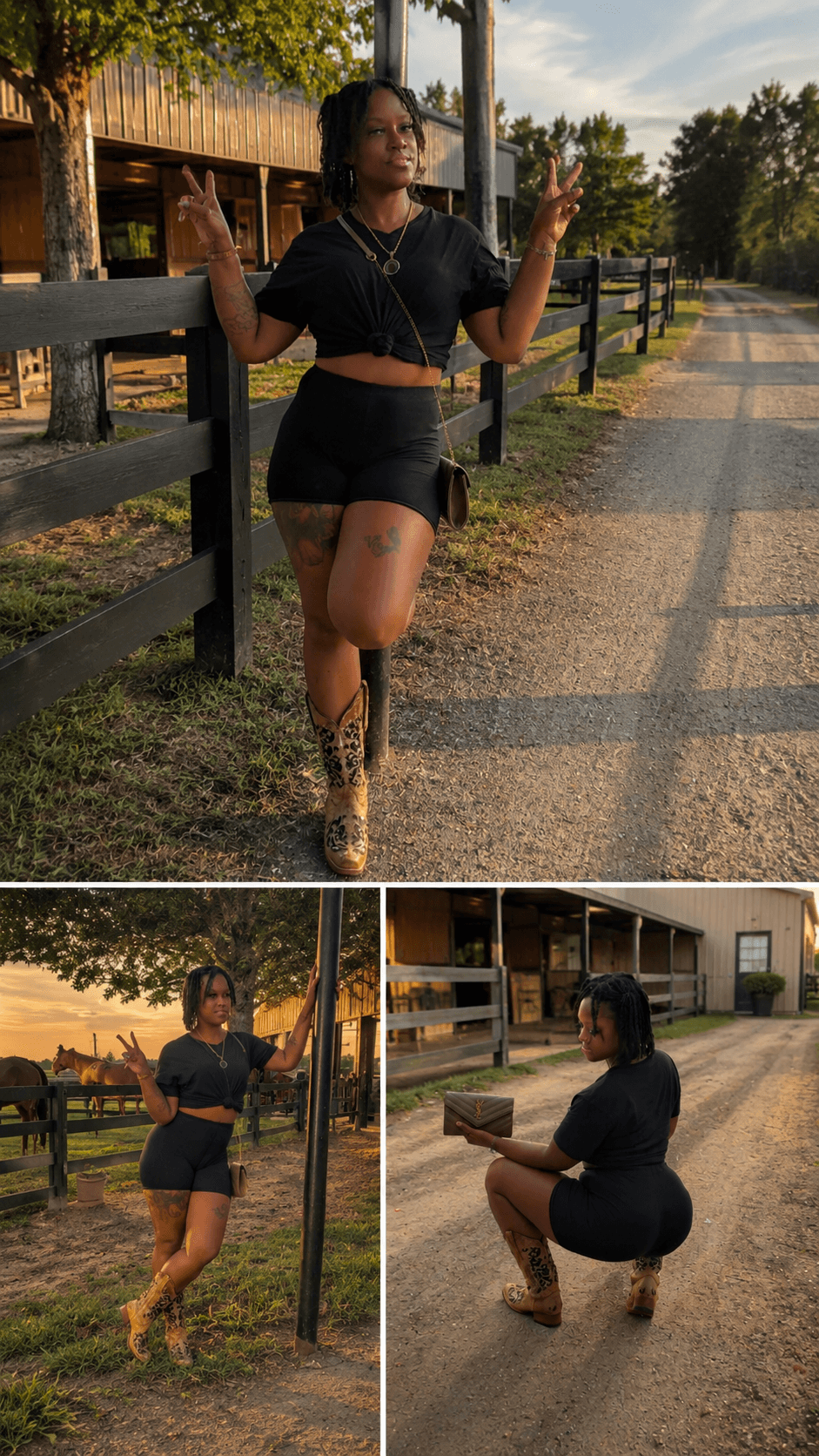 Woman standing outdoors with arms raised, wearing black crop top and shorts, on a sunny day with trees and a fence.