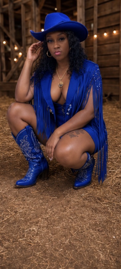 Woman in blue cowboy hat and outfit crouching outdoors, wooden fence background, string lights, wearing boots, looking at camera.