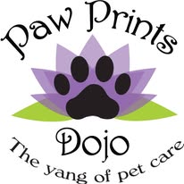 Logo with paw print, purple flower, green leaves, and text 'Paw Prints Dojo' and 'The Yang of Pet Care'.