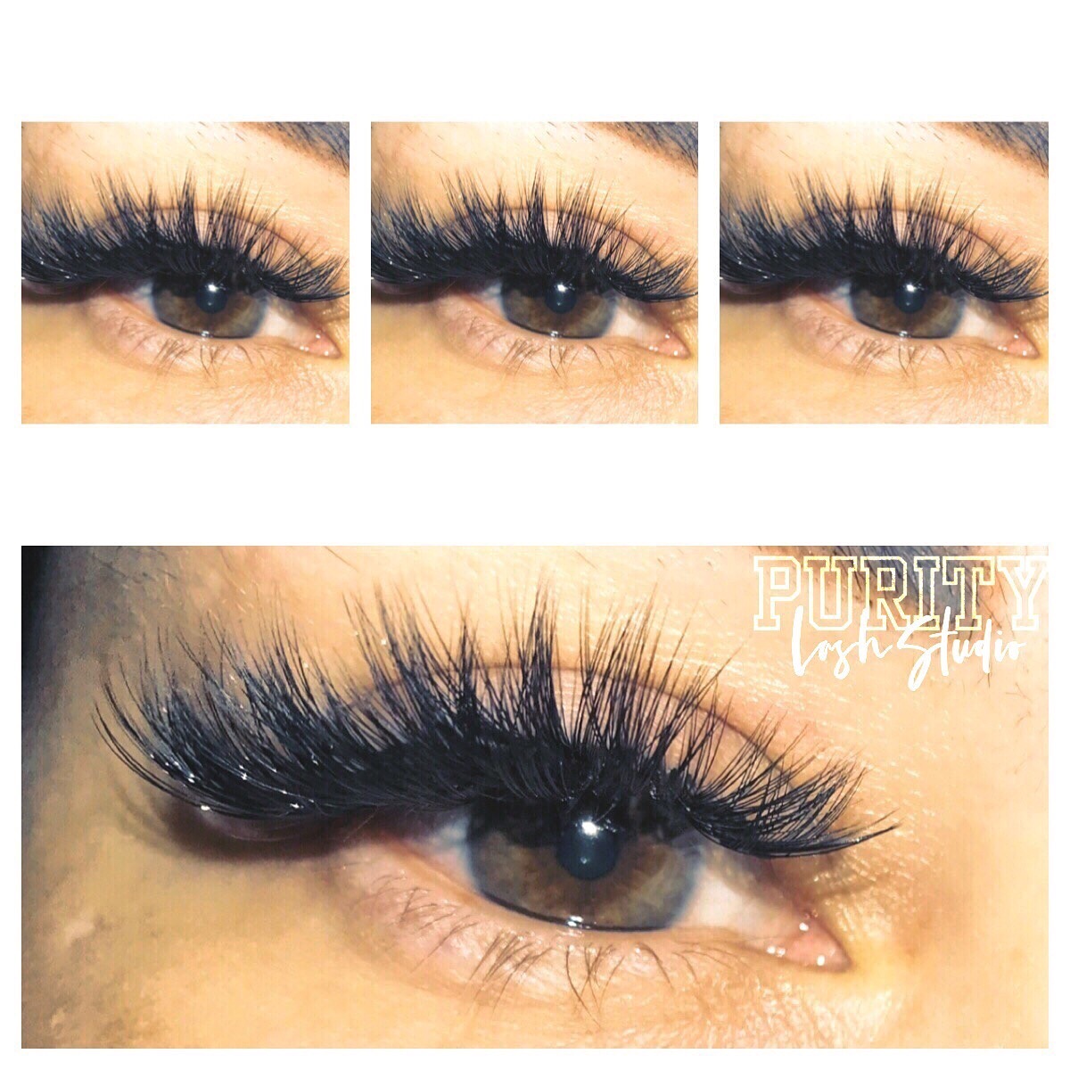 Close-up of a person's eye with long, thick eyelashes, with a logo and text in the top right corner.