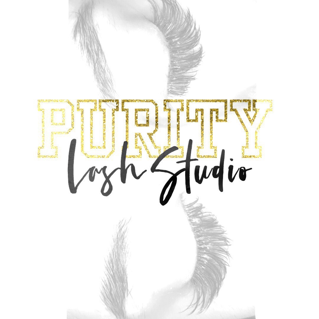 Text reads 'PURITY Lash Studio' with a faint, abstract background of eyelashes, in gold and black fonts.