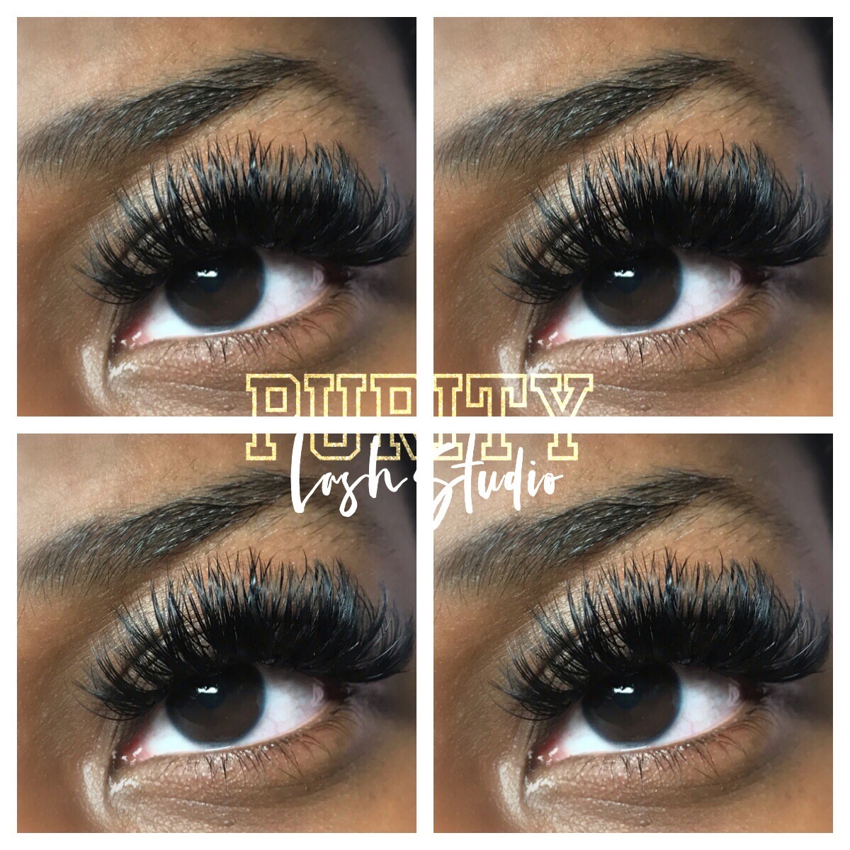 Close-up of a person's eye with long, thick eyelashes, four images showing the eye from different angles.