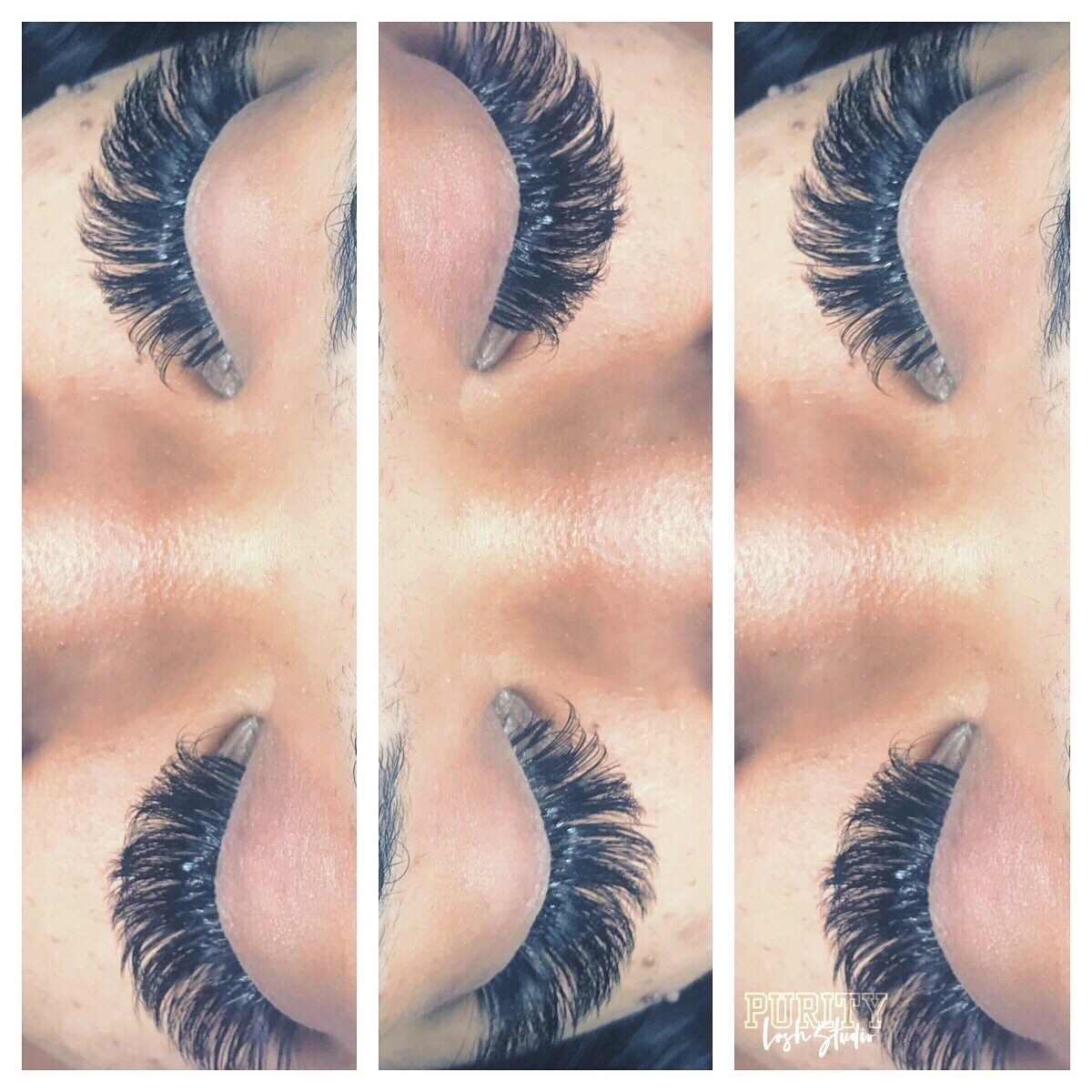 Close-up of eyes with long, thick eyelashes, viewed from different angles, showing eye makeup and skin texture.