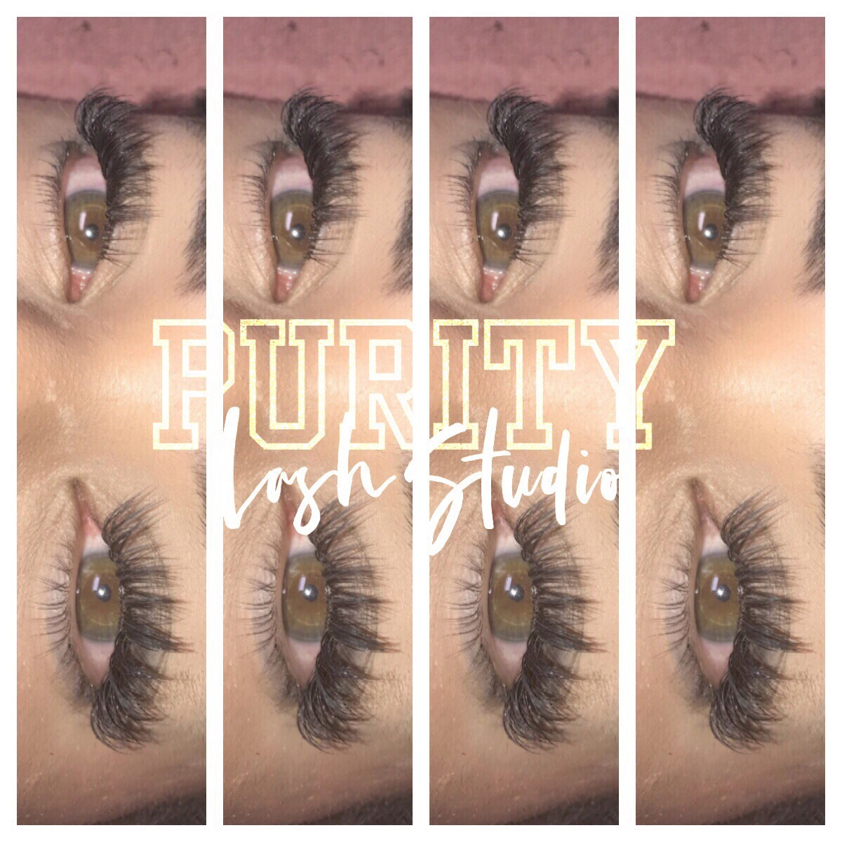 Close-up of eyes with long eyelashes, repeated four times, with text overlay reading 'PURTY' and 'my Studio'.