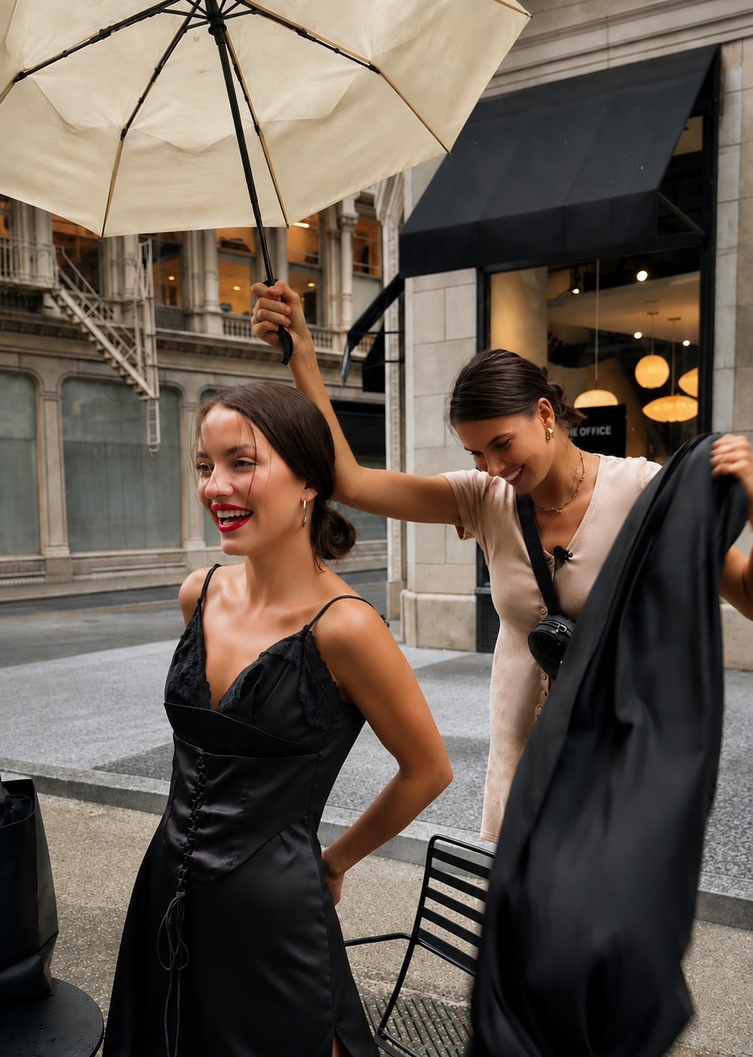 Two women smiling and laughing on a city street, one holding an umbrella, with buildings in the background.